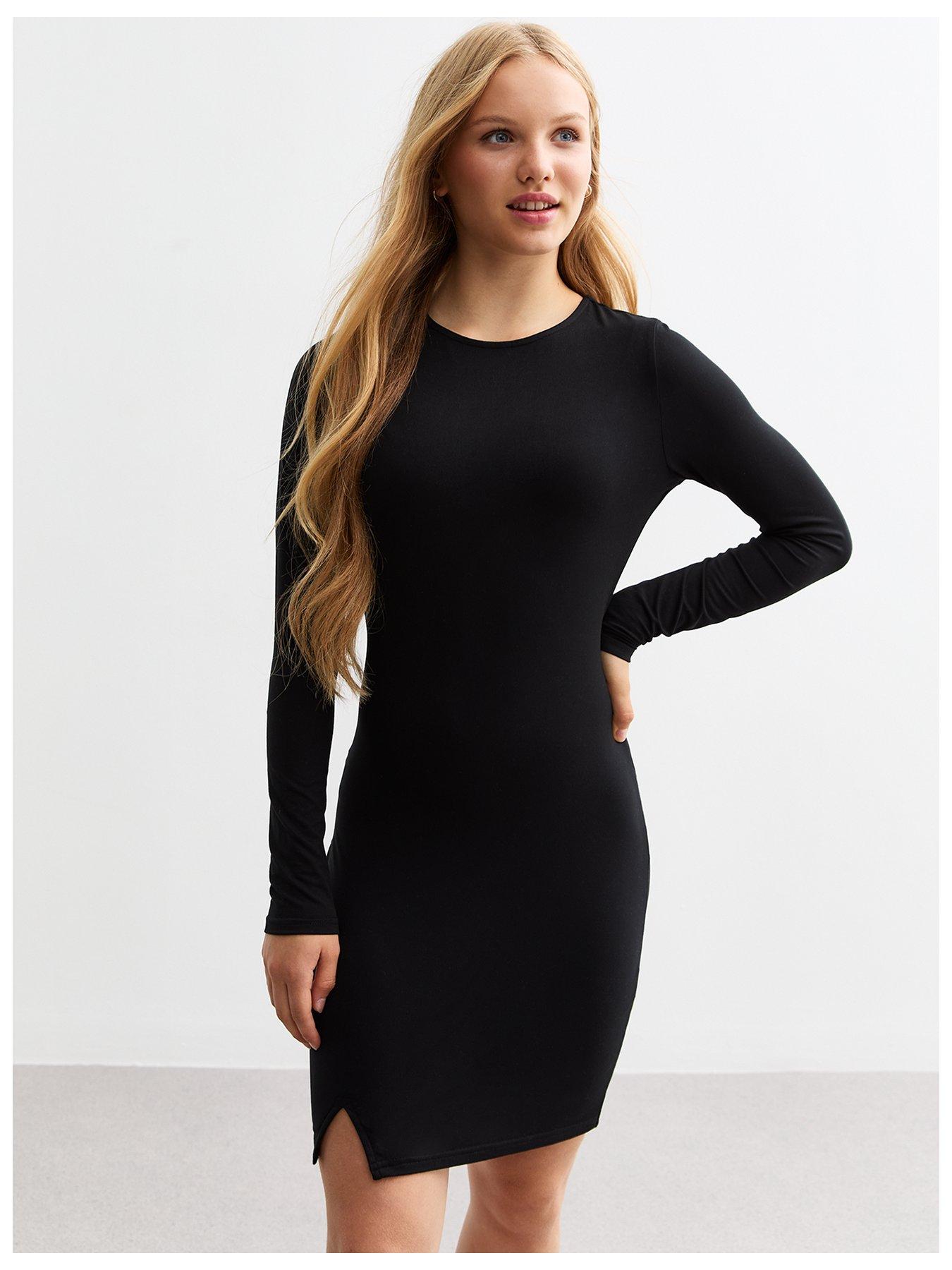 new-look-915-girls-black-slit-hem-jersey-dress