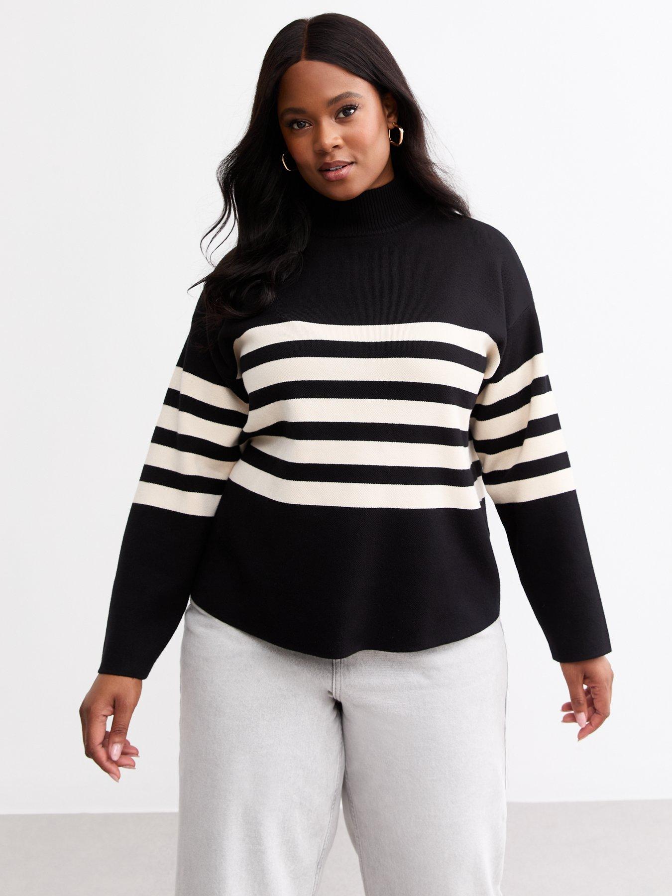 new-look-black-pattern-stripe-stand-neck-compact-jumper