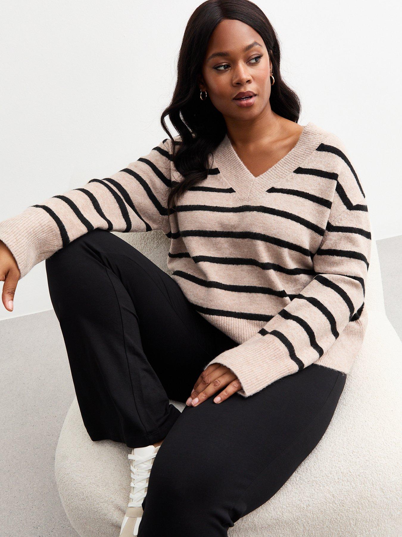 new-look-curves-knit-v-neck-striped-jumper-beige