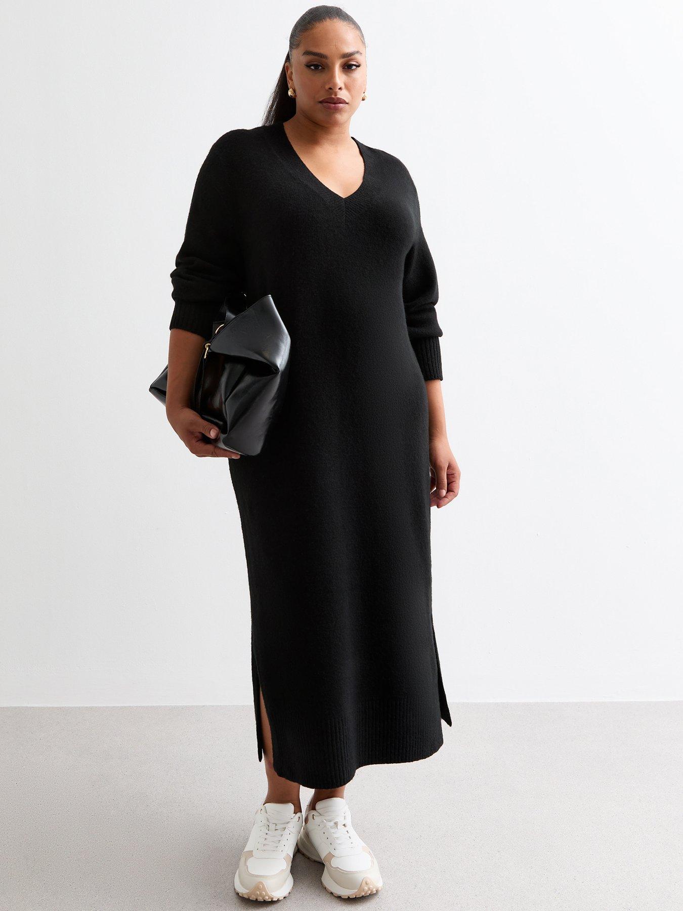 new-look-curves-v-neck-knit-midi-dress-black