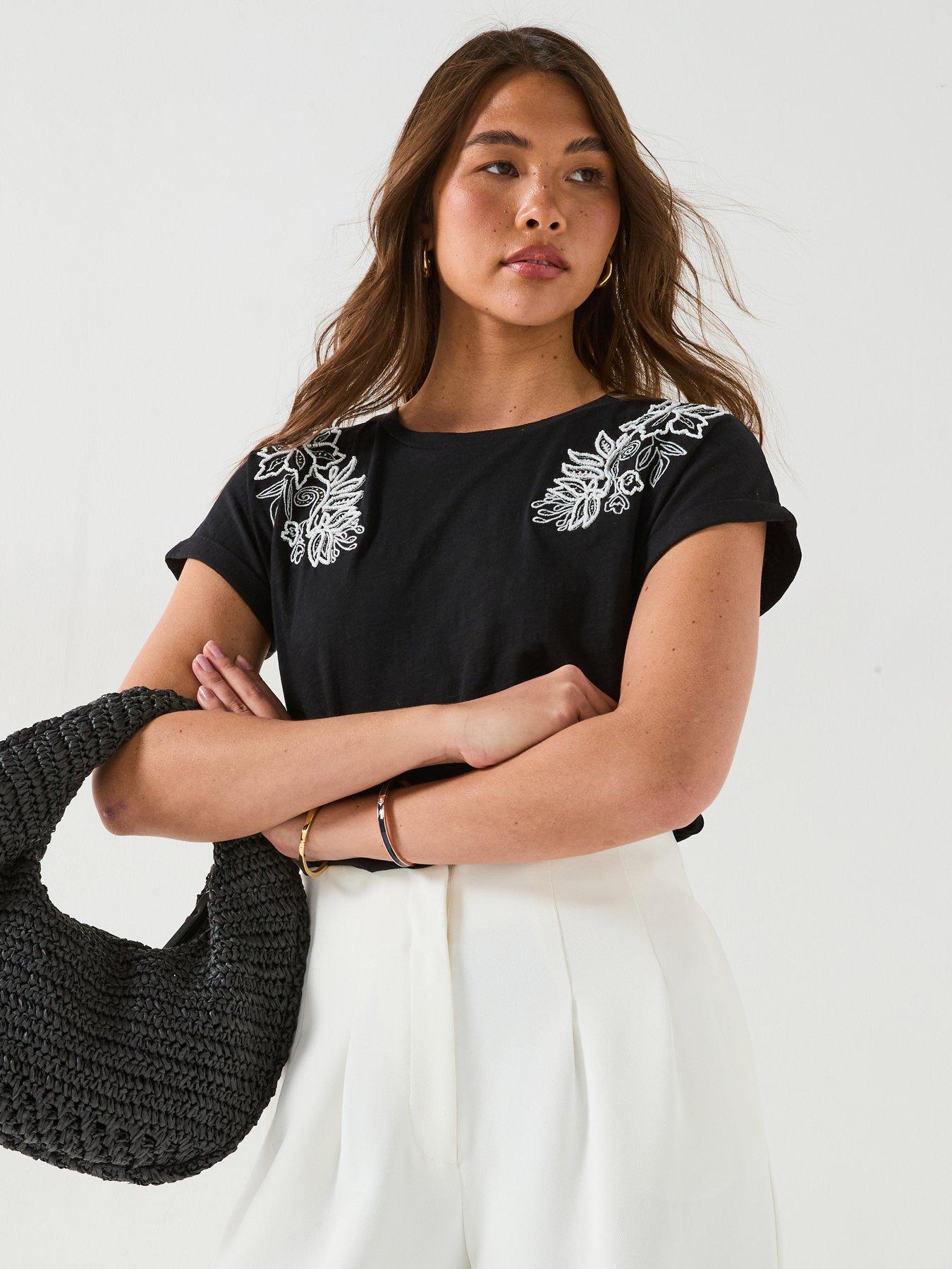 Image 1 of 6 of V by Very Cutwork T-Shirt - Black