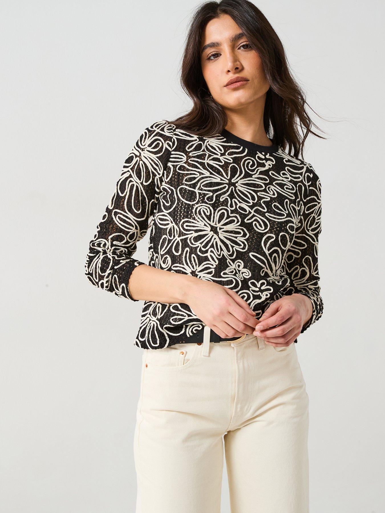 Image of V by Very Long Sleeve Cutwork Top - Black