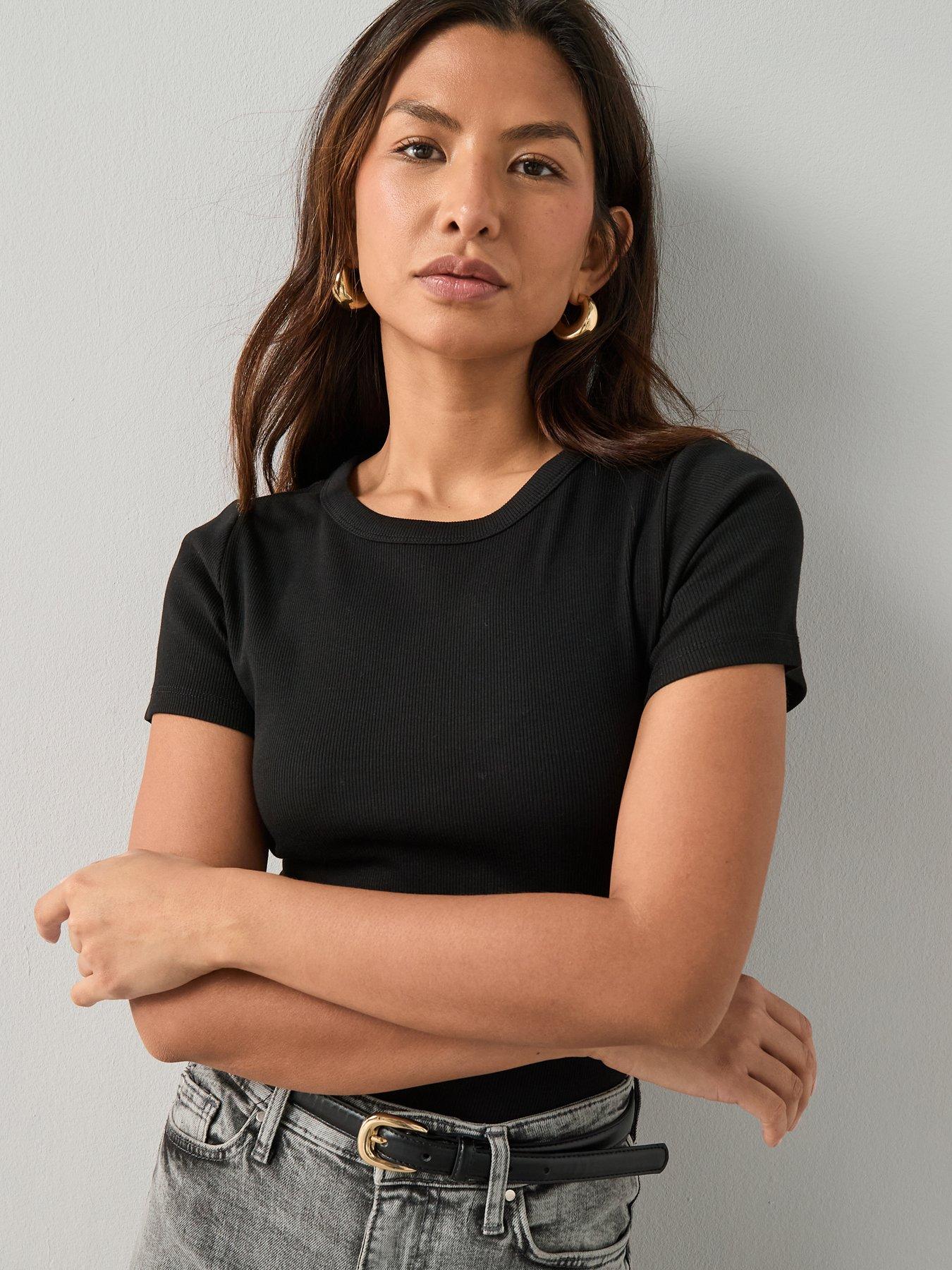 Image 1 of 7 of The Very Collection Womens Stretch Rib Crew Neck T-Shirt - Black