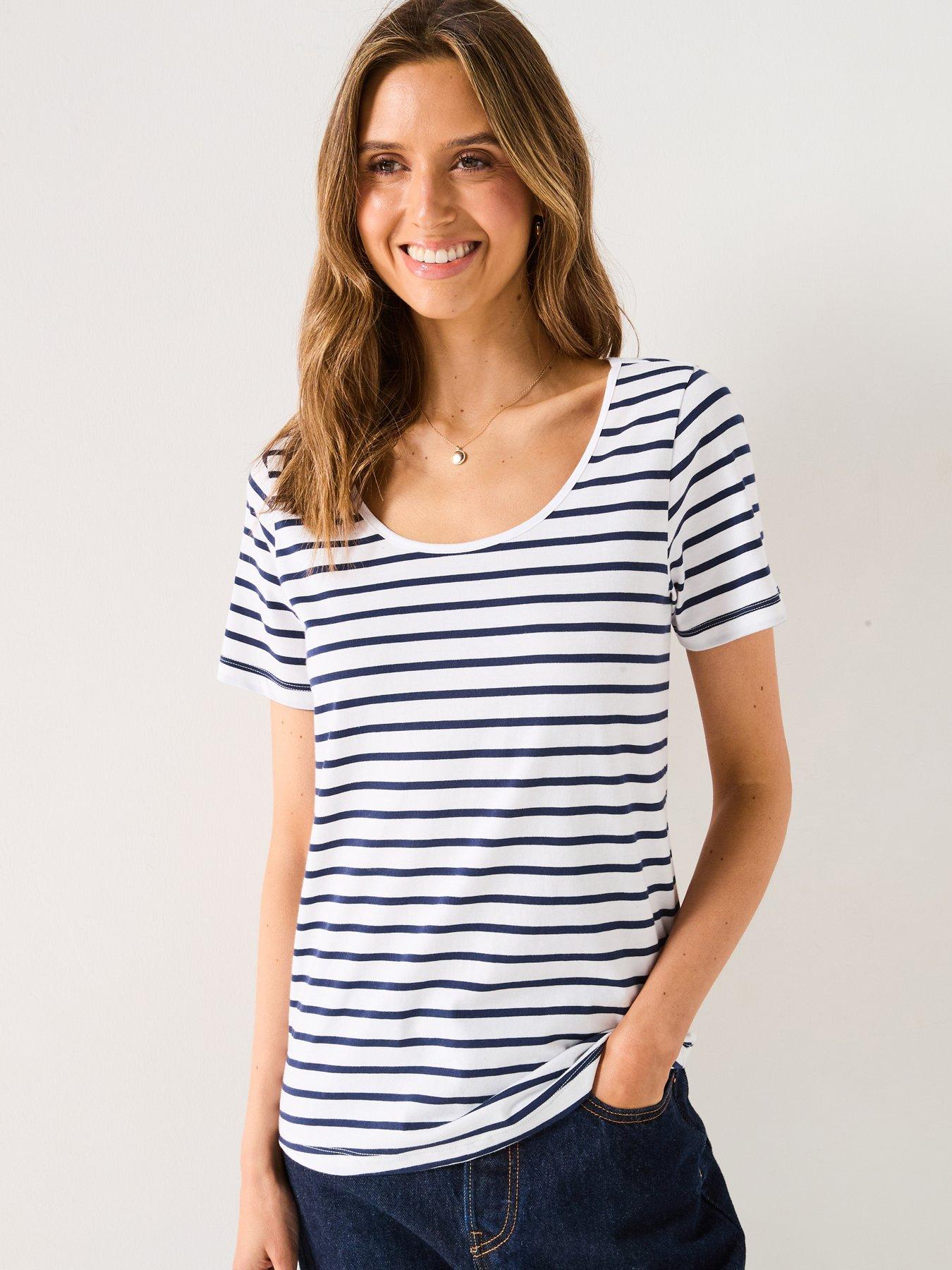 Image of V by Very Essential Scoop Neck Stripe T-Shirt - Blue/White