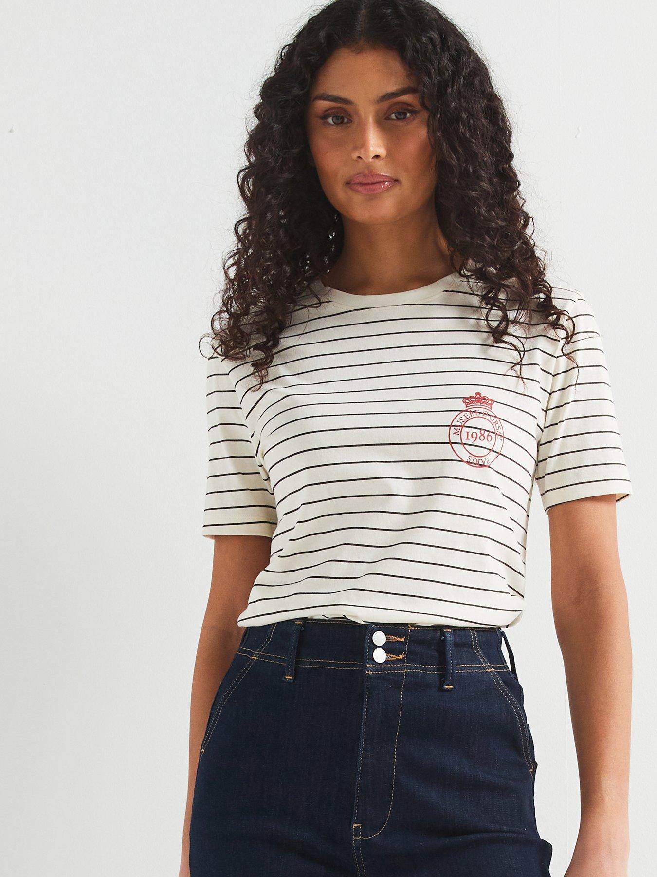 V by Very Graphic T-Shirt Stripe - White