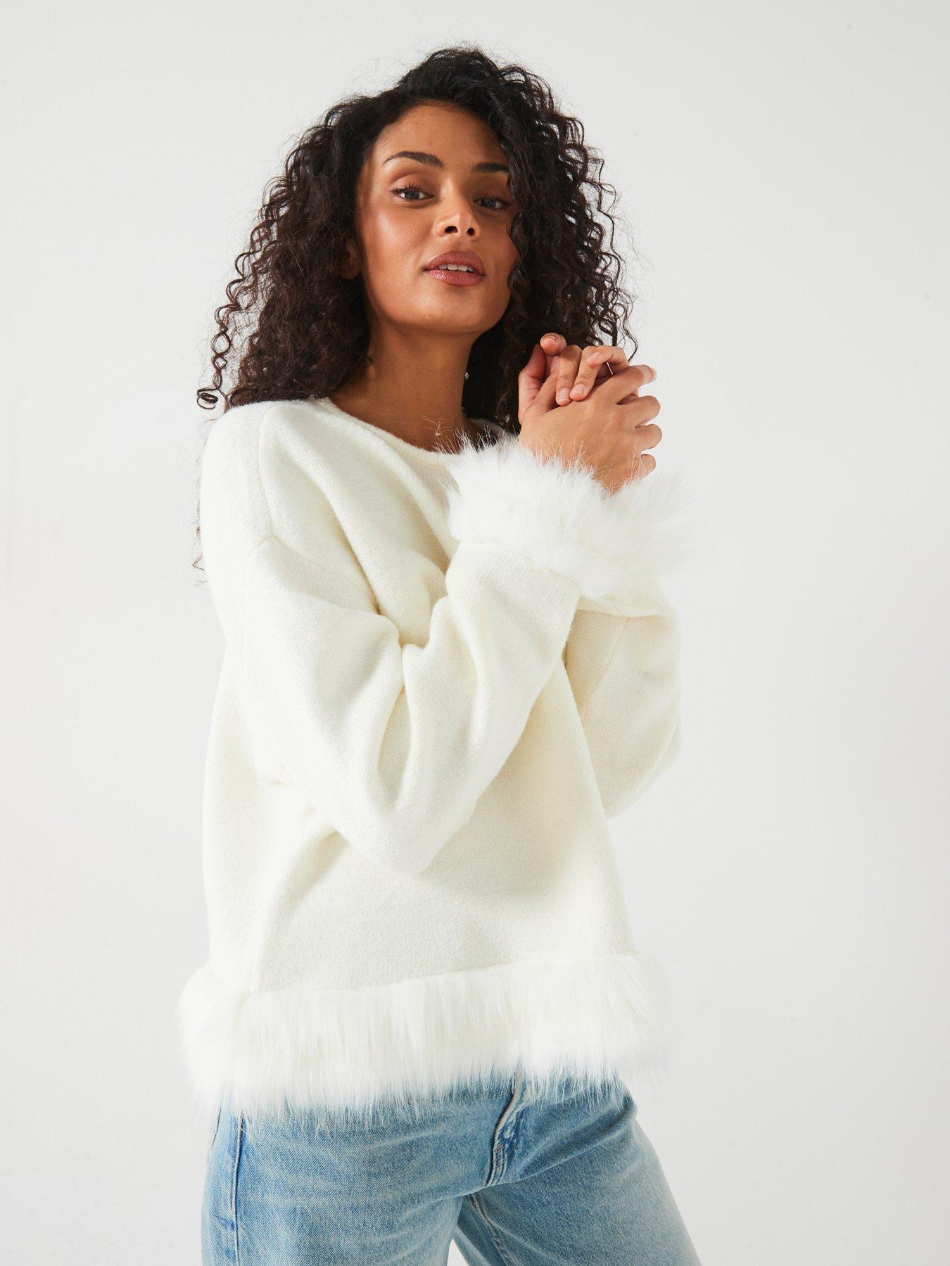 v-by-very-crew-neck-fur-trim-jumper-cream