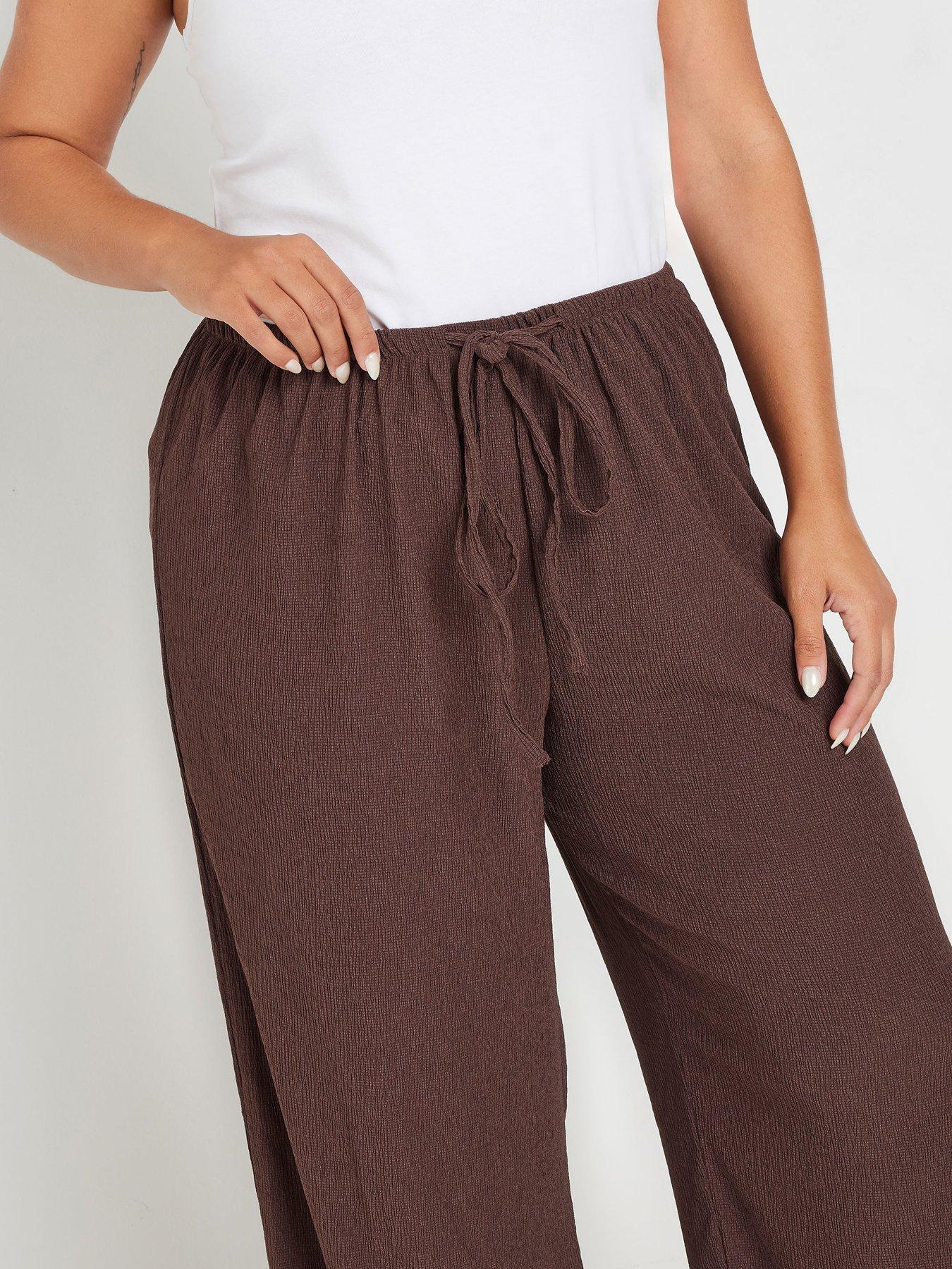 yours-curve-textured-tie-waist-wide-leg-trouser-brownoutfit