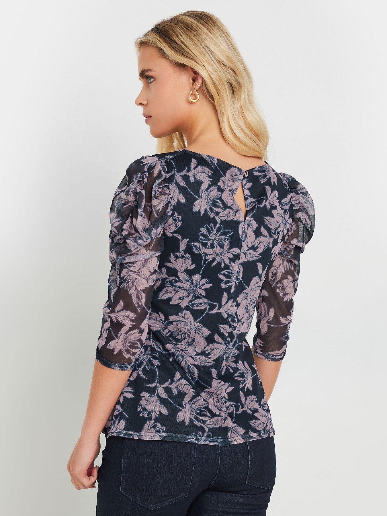 mco-petite-mesh-ruched-sleeve-top-multistillFront