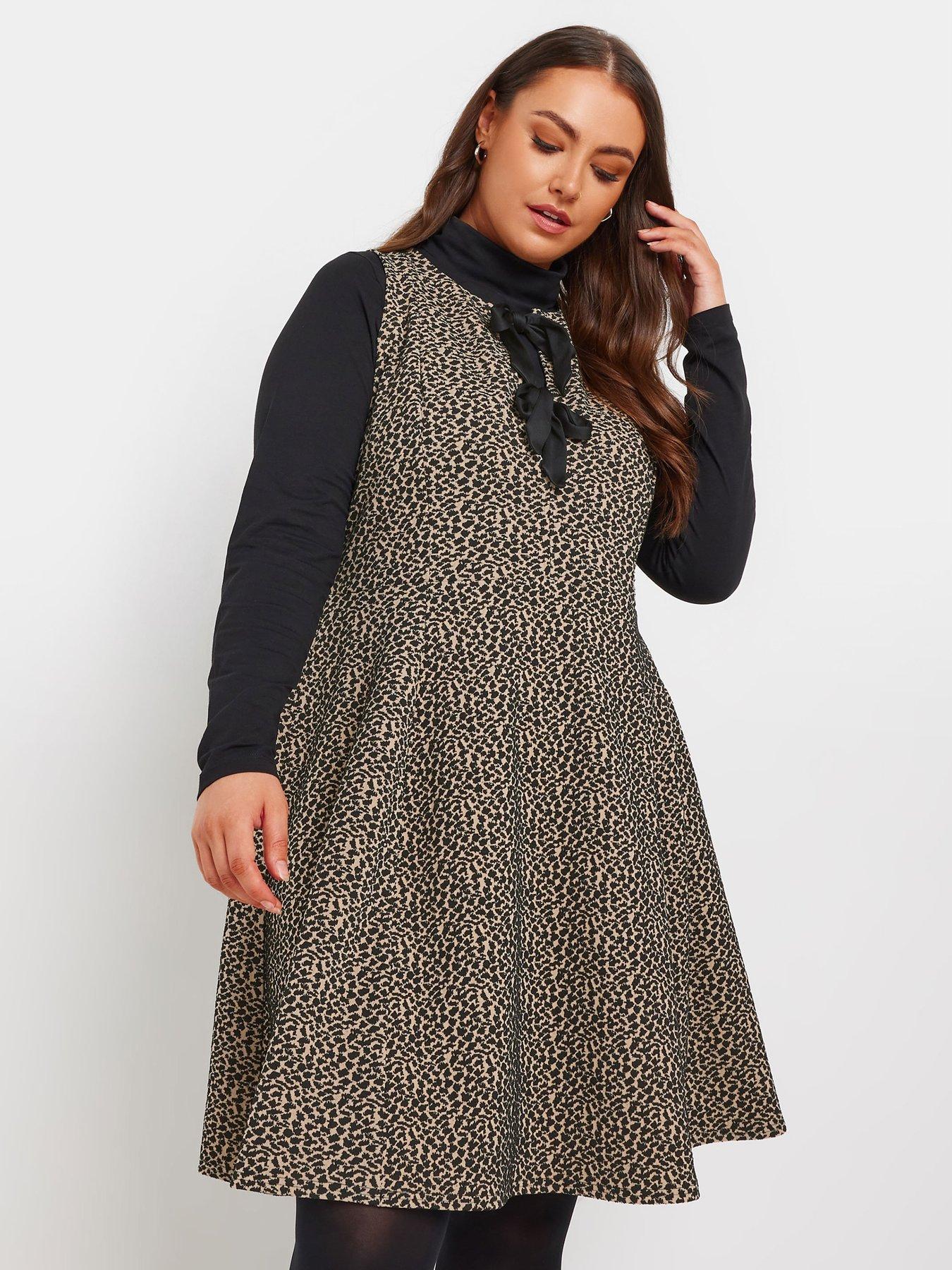 yours-curve-crew-neck-double-bow-pinafore-dress-brown