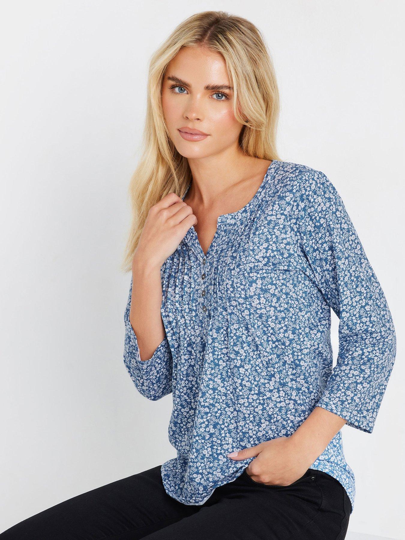 mco-petite-34-sleeve-ditsy-top-blue