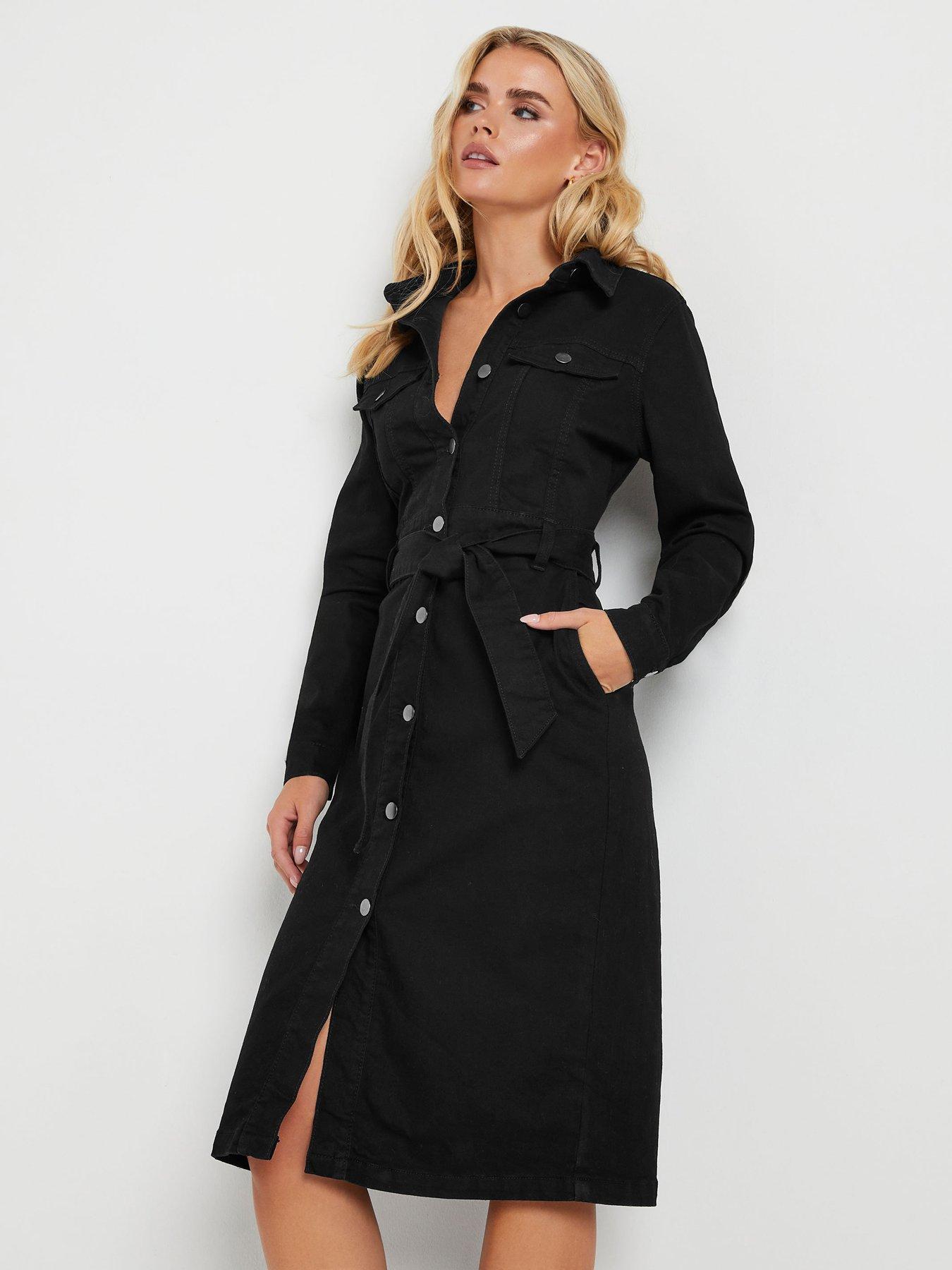 PixieGirl Petite Denim Button Through Belted Dress - Black
