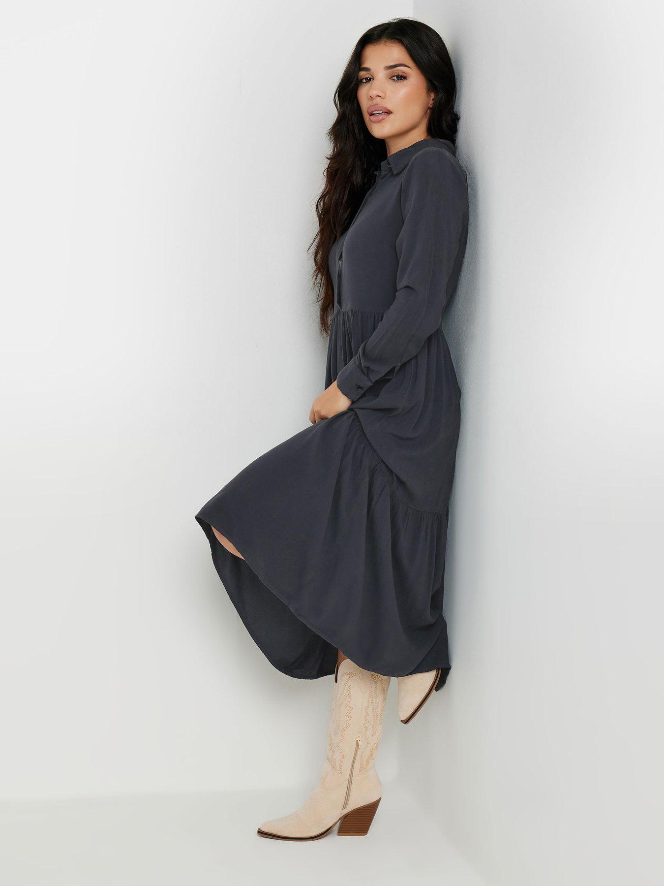 Image 1 of 4 of PixieGirl Petite Acid Wash Button Smock Dress