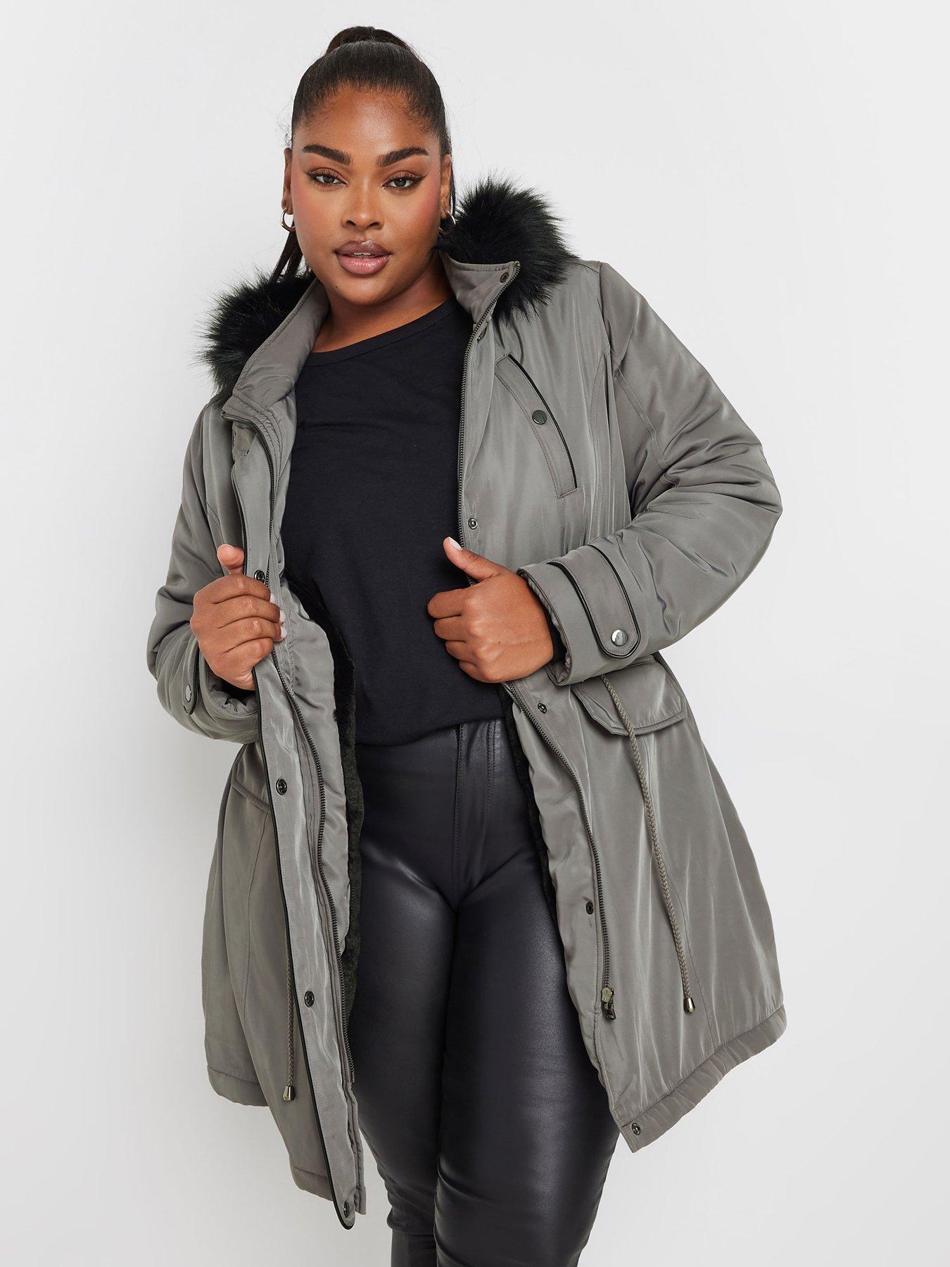 yours-curve-plush-fur-trim-parka-grey