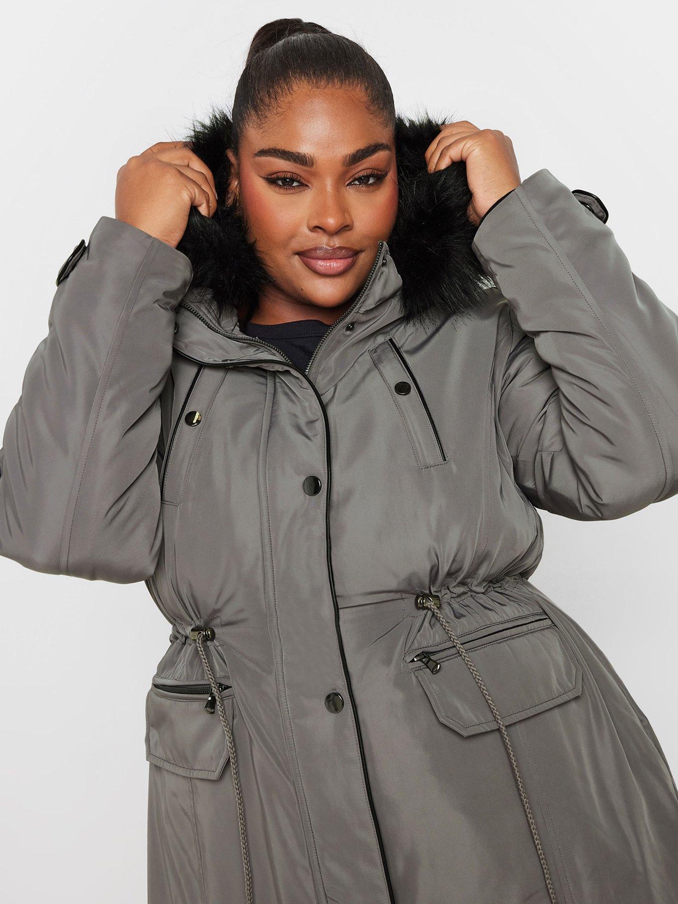 yours-curve-plush-fur-trim-parka-greyoutfit