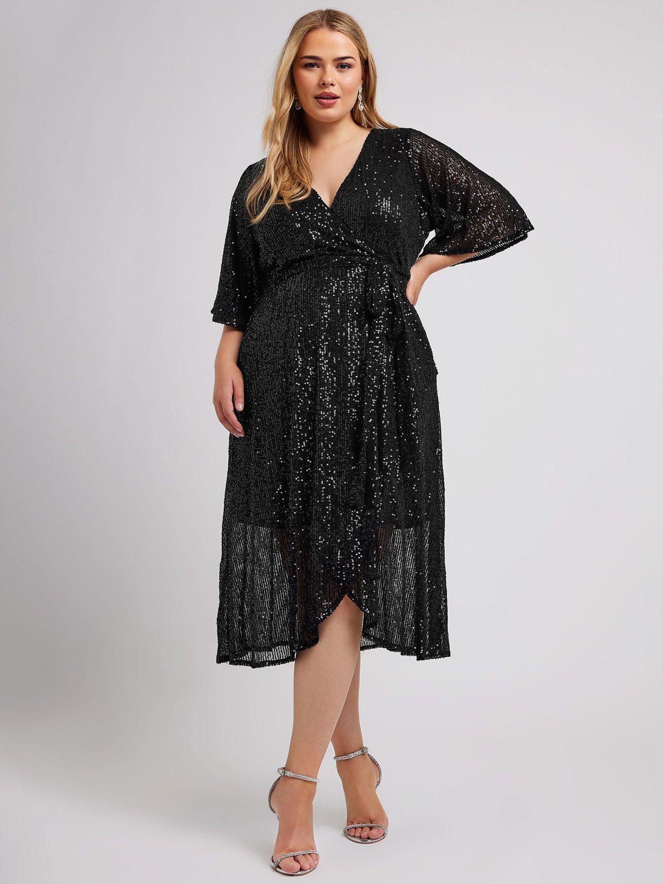 yours-curve-sequin-wrap-tulip-dress-blackfront