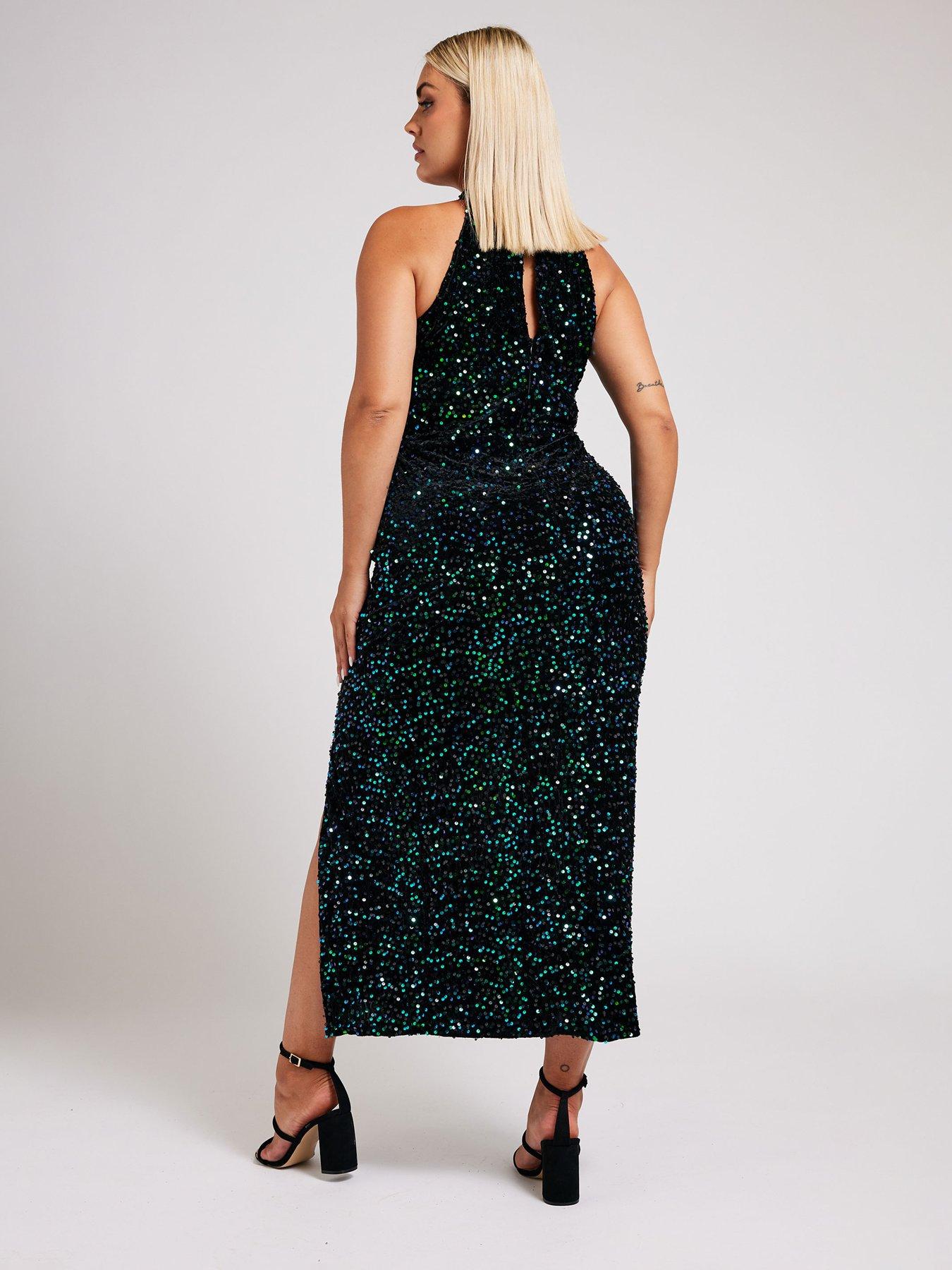 yours-curve-sequin-velvet-choker-dress-greenstillFront