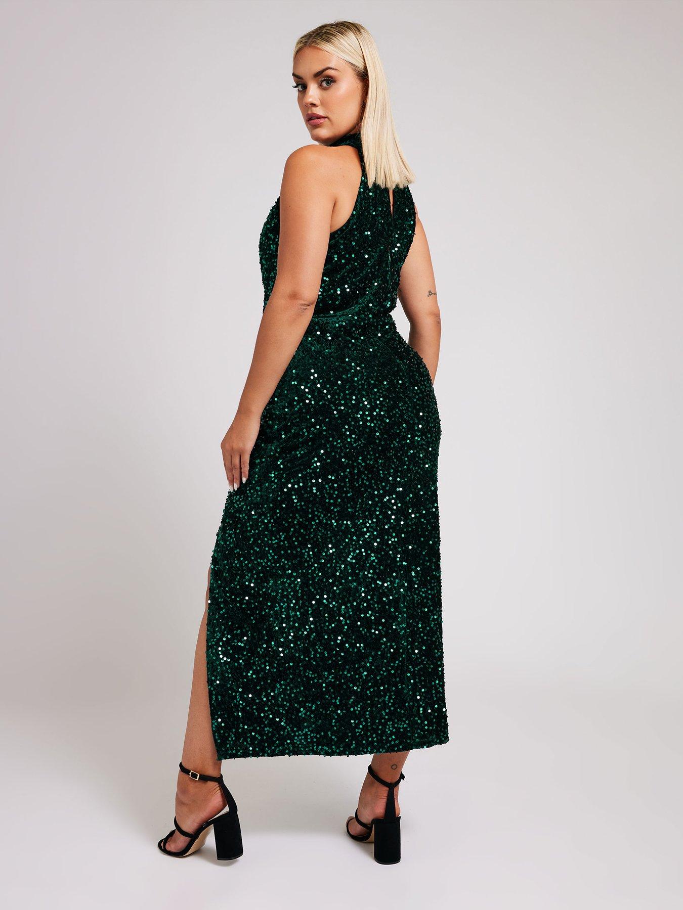 yours-curve-sequin-velvet-choker-dress-greenstillFront