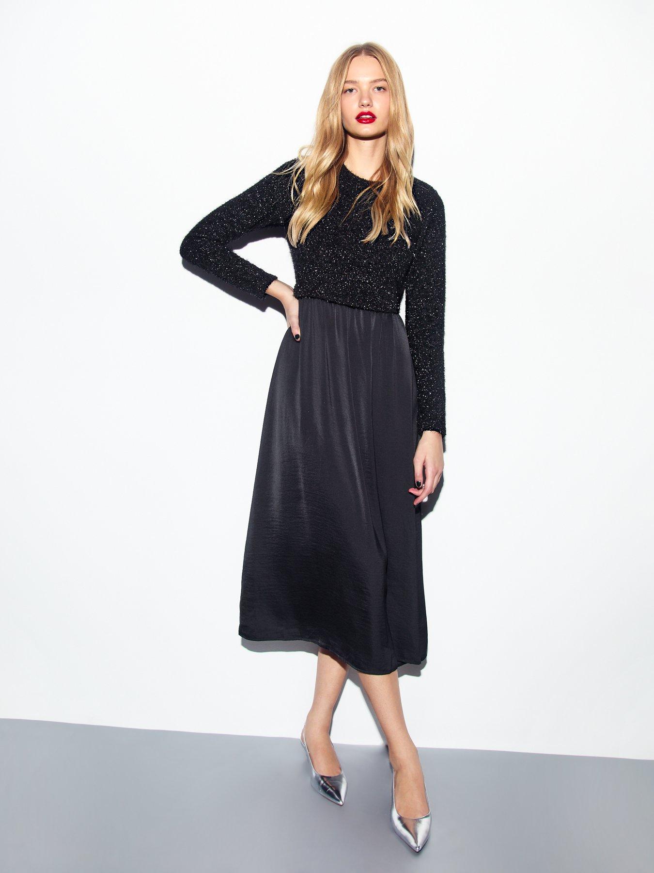 new-look-2-in-1-tinsel-top-long-sleeve-midi-dress-blackfront