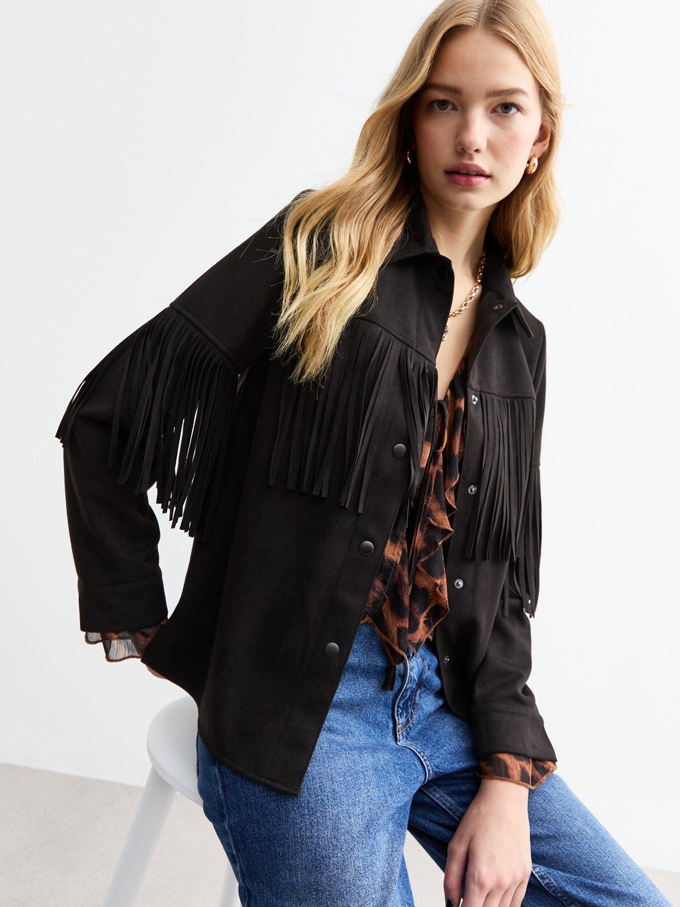 undefined Fringed Suedette Shacket - Black
