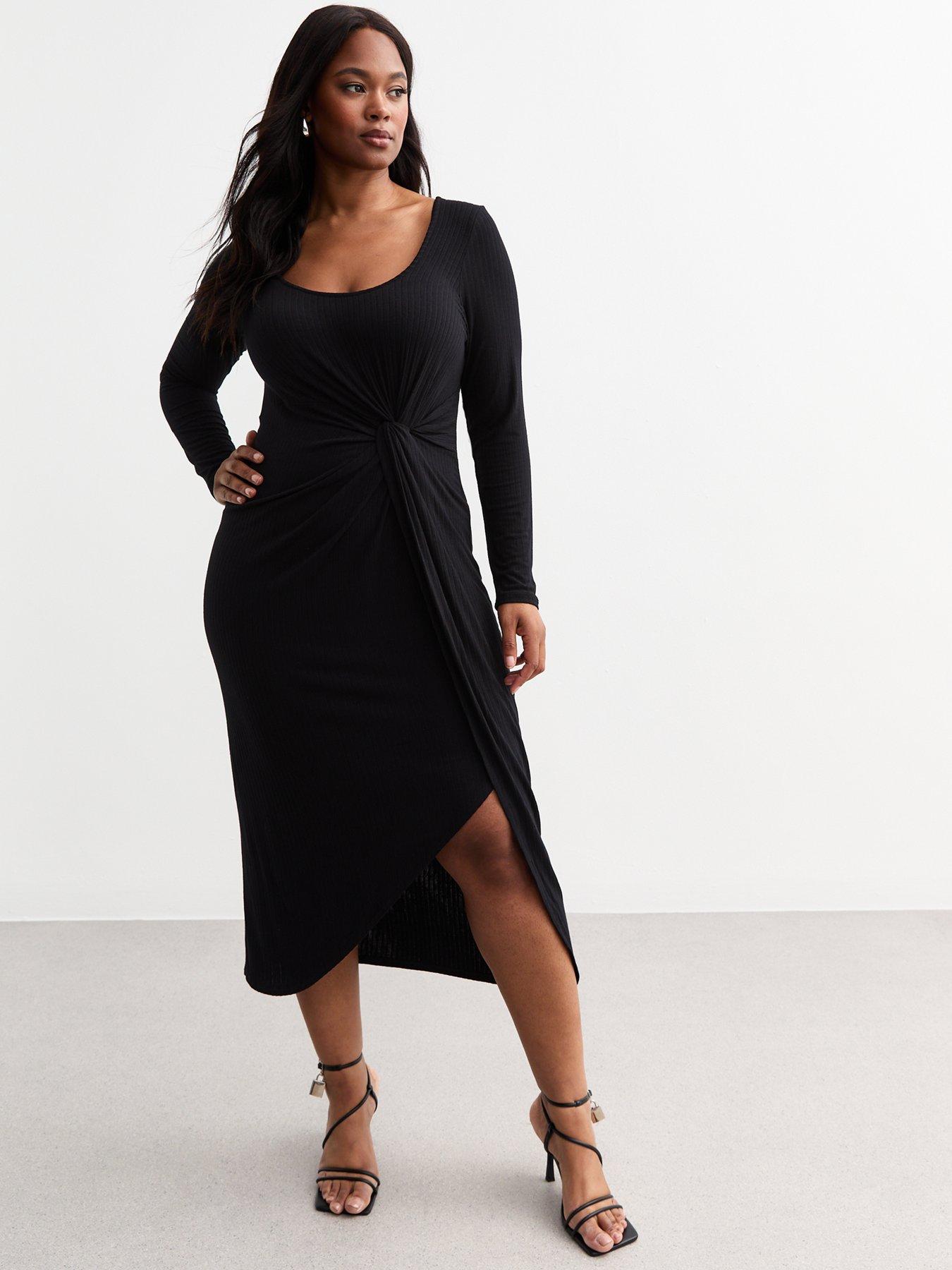 new-look-curve-ribbed-knot-front-long-sleeve-dress-black