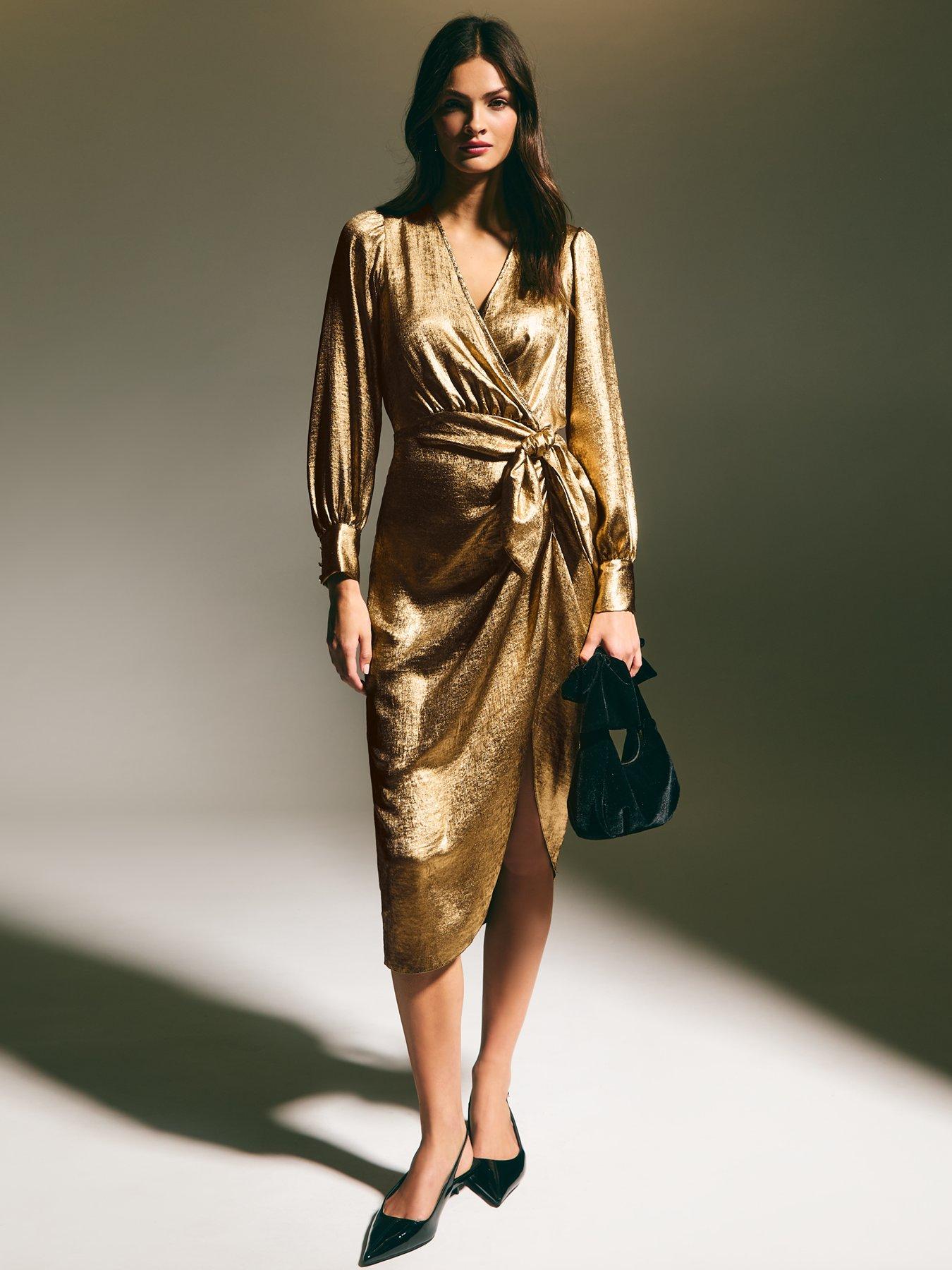 new-look-gold-foil-long-sleeve-wrap-midi-dress