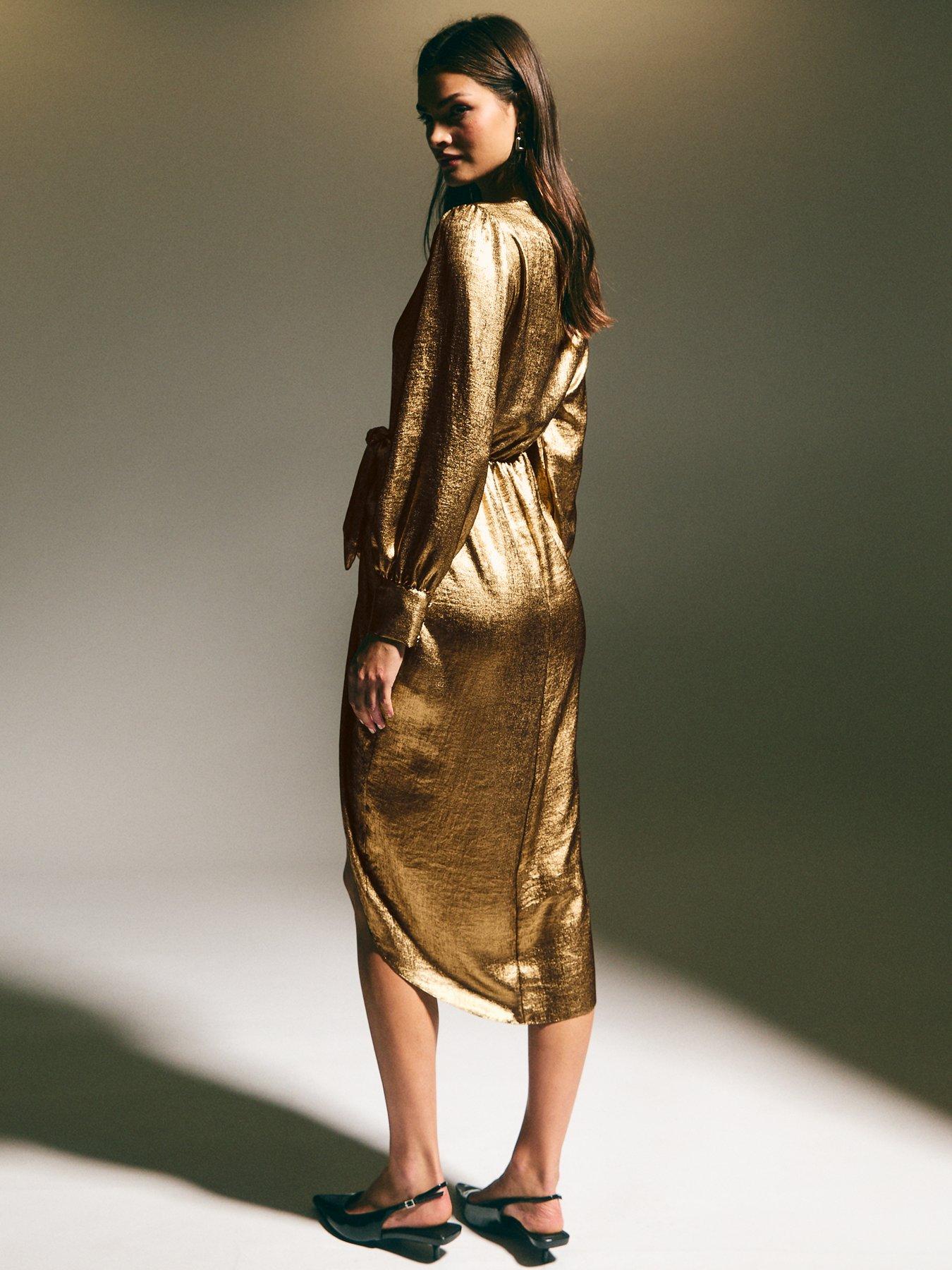 new-look-gold-foil-long-sleeve-wrap-midi-dressstillFront