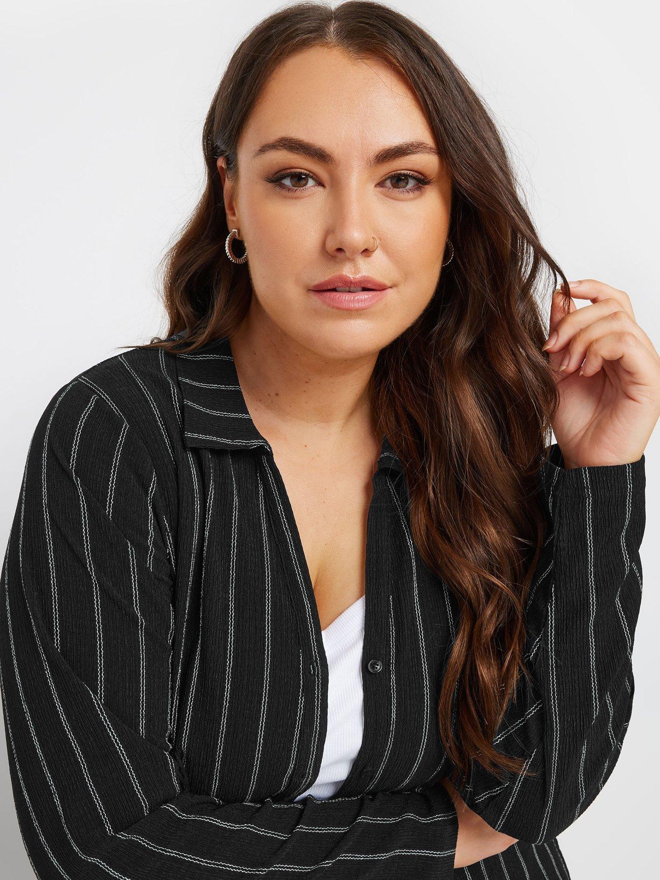 yours-curve-pinstripe-textured-shirt-blackoutfit