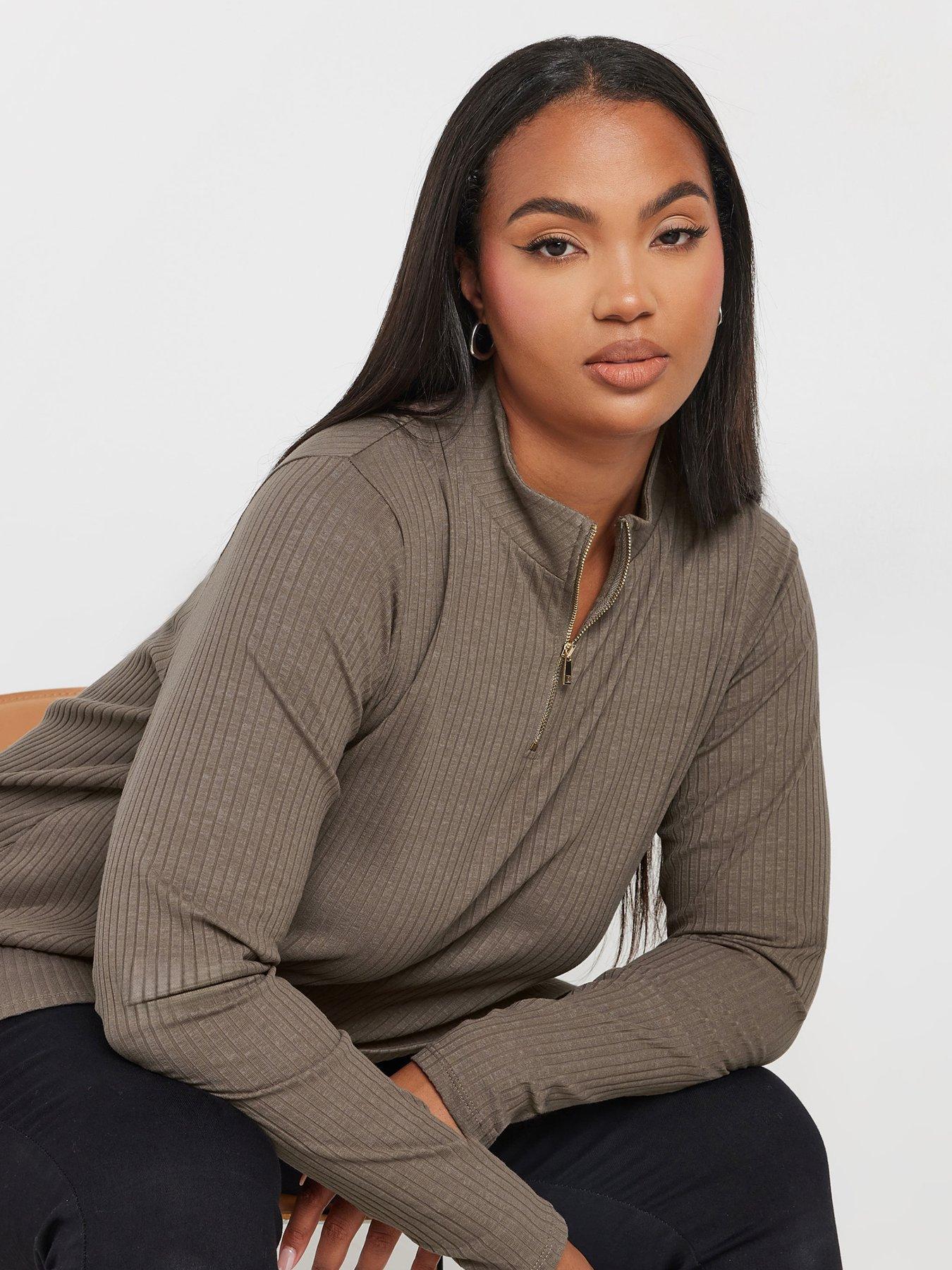 yours-curve-quarter-zip-rib-top-brownoutfit