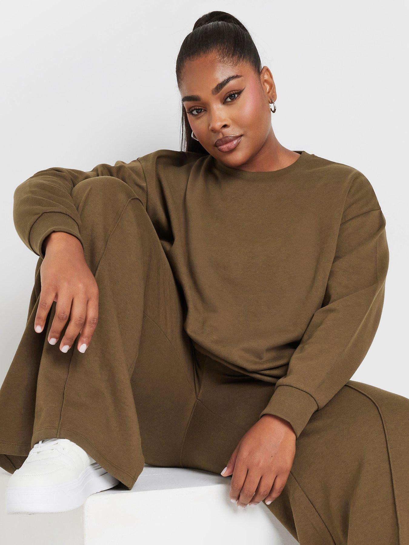 yours-curve-crew-neck-sweatshirt-with-wide-leg-jogger-set-brownoutfit