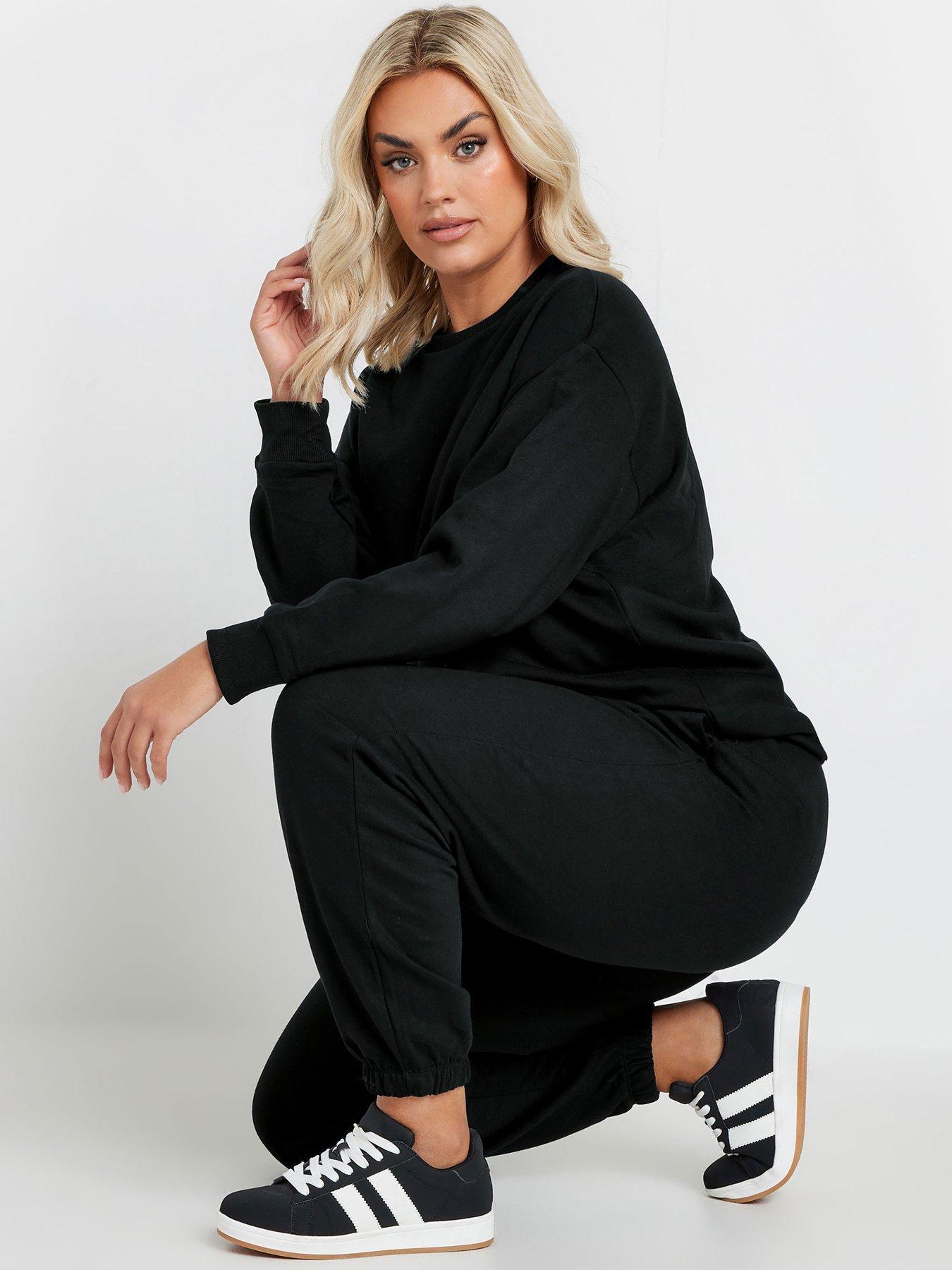 Yours Curve Crew Neck Sweatshirt With Cuffed Jogger Set - Black