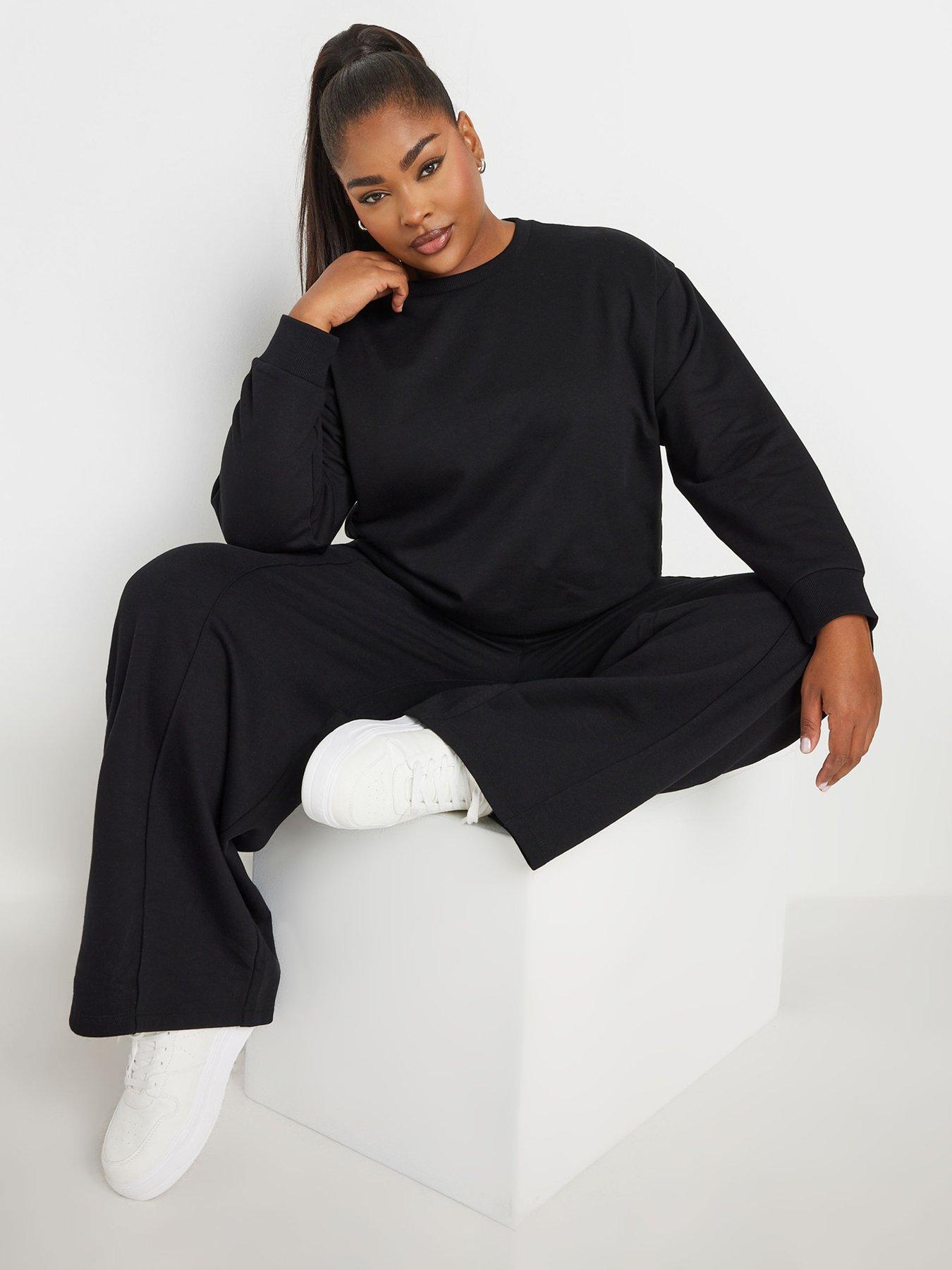 Yours Curve Crew Neck Sweatshirt With Wide Leg Jogger Set - Black