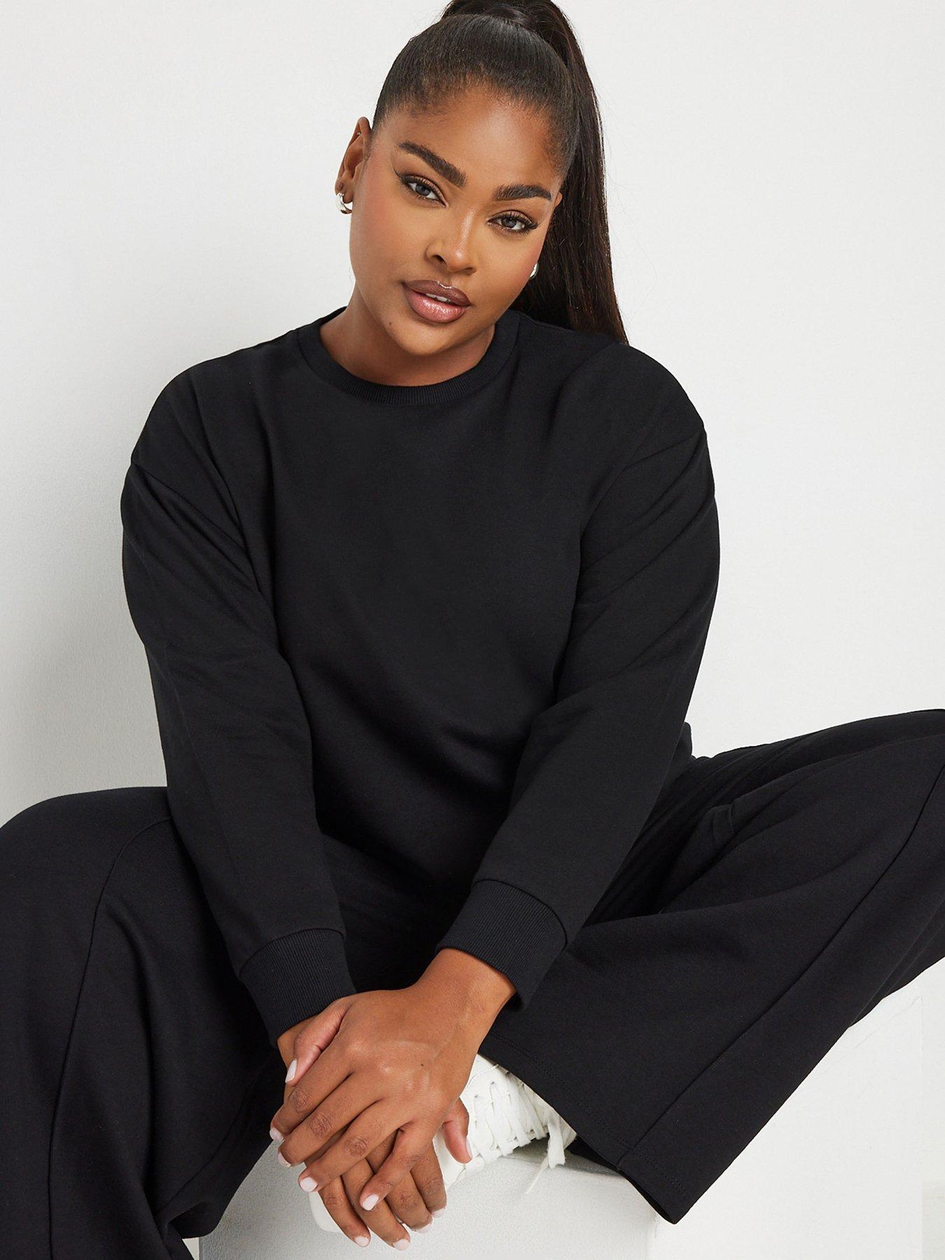 Image 4 of 4 of Yours Curve Crew Neck Sweatshirt With Wide Leg Jogger Set - Black