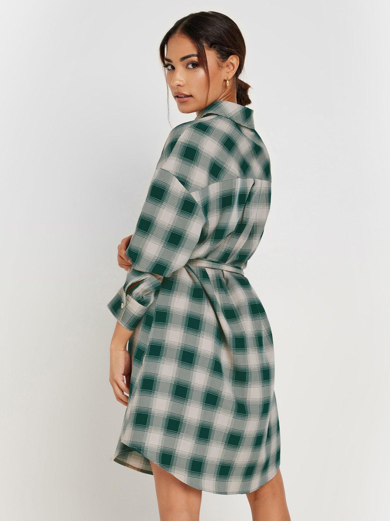 pixiegirl-petite-blurred-check-shirt-dress-greenstillFront