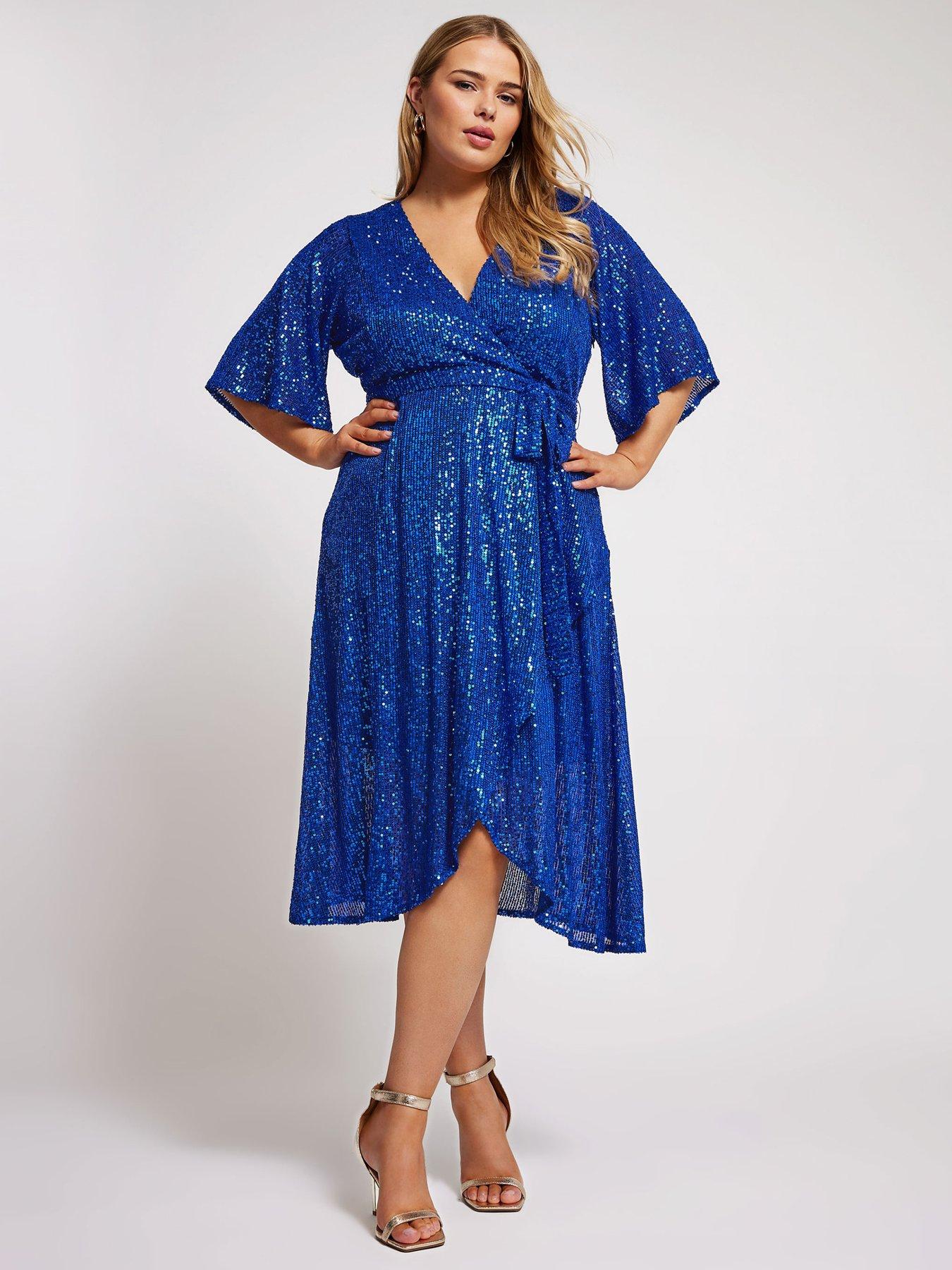 Yours Curve Sequin Wrap Tulip Dress - Blue