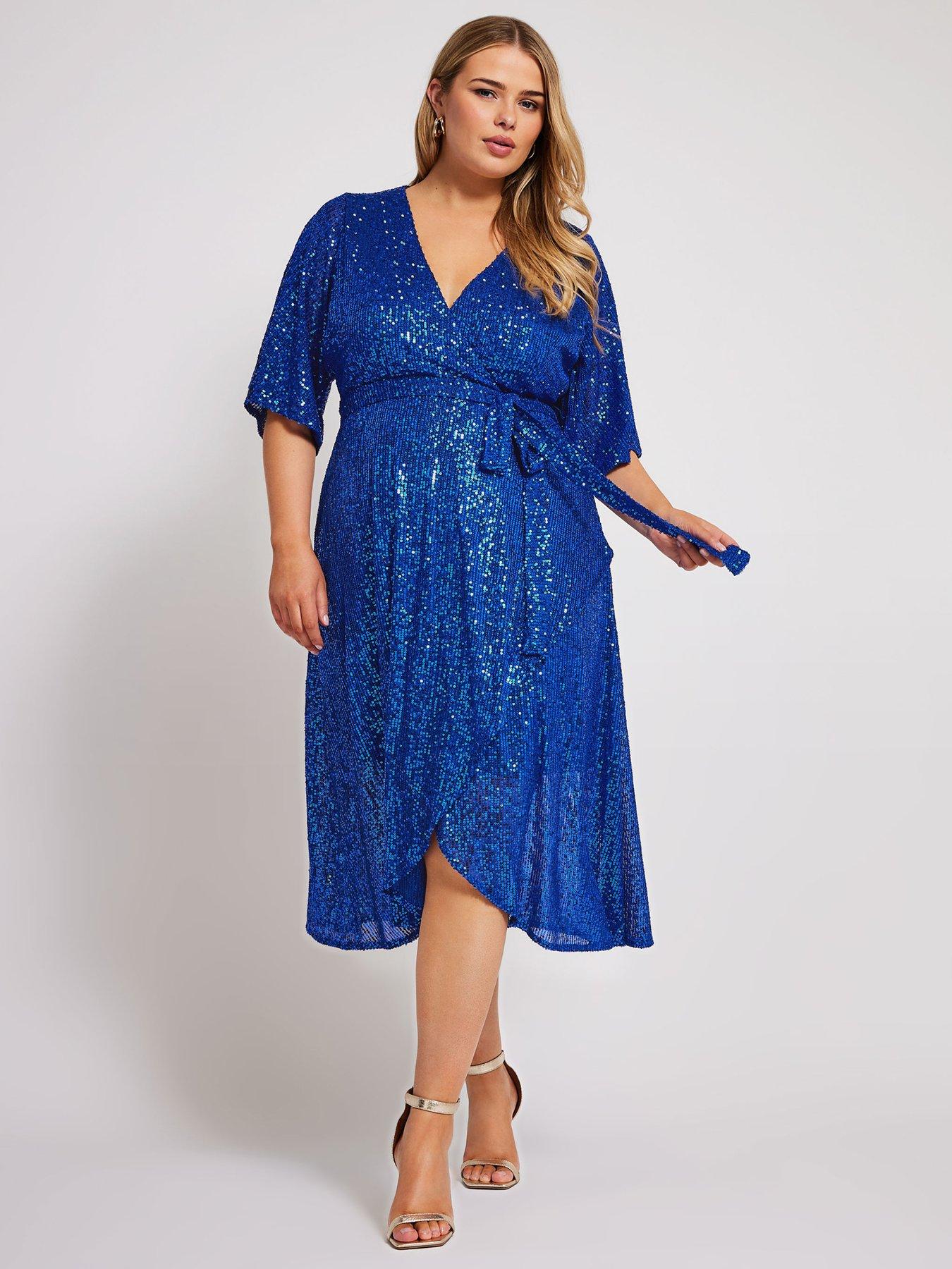 Image 3 of 4 of Yours Curve Sequin Wrap Tulip Dress - Blue