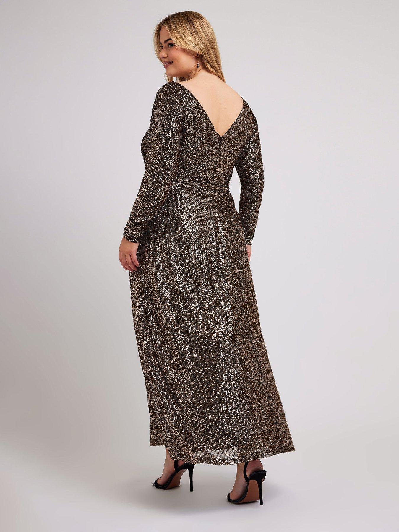 yours-curve-sequin-v-neck-long-sleeve-maxi-dress-goldstillFront