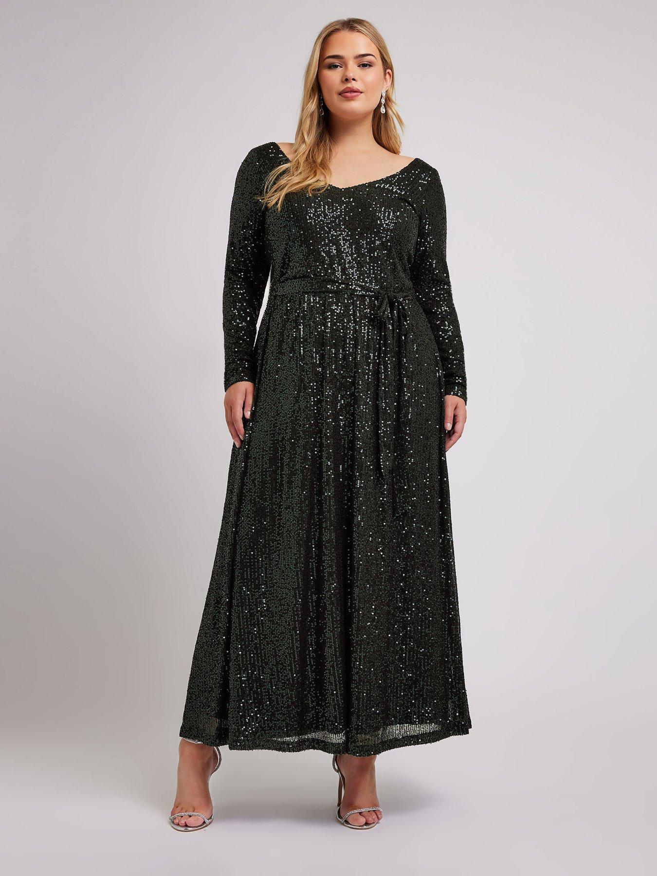 Yours Curve Sequin V Neck Long Sleeve Maxi Dress - Green