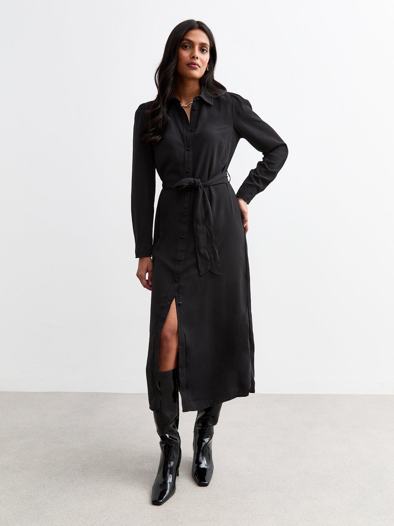 undefined Belted Midi Shirt Dress - Black