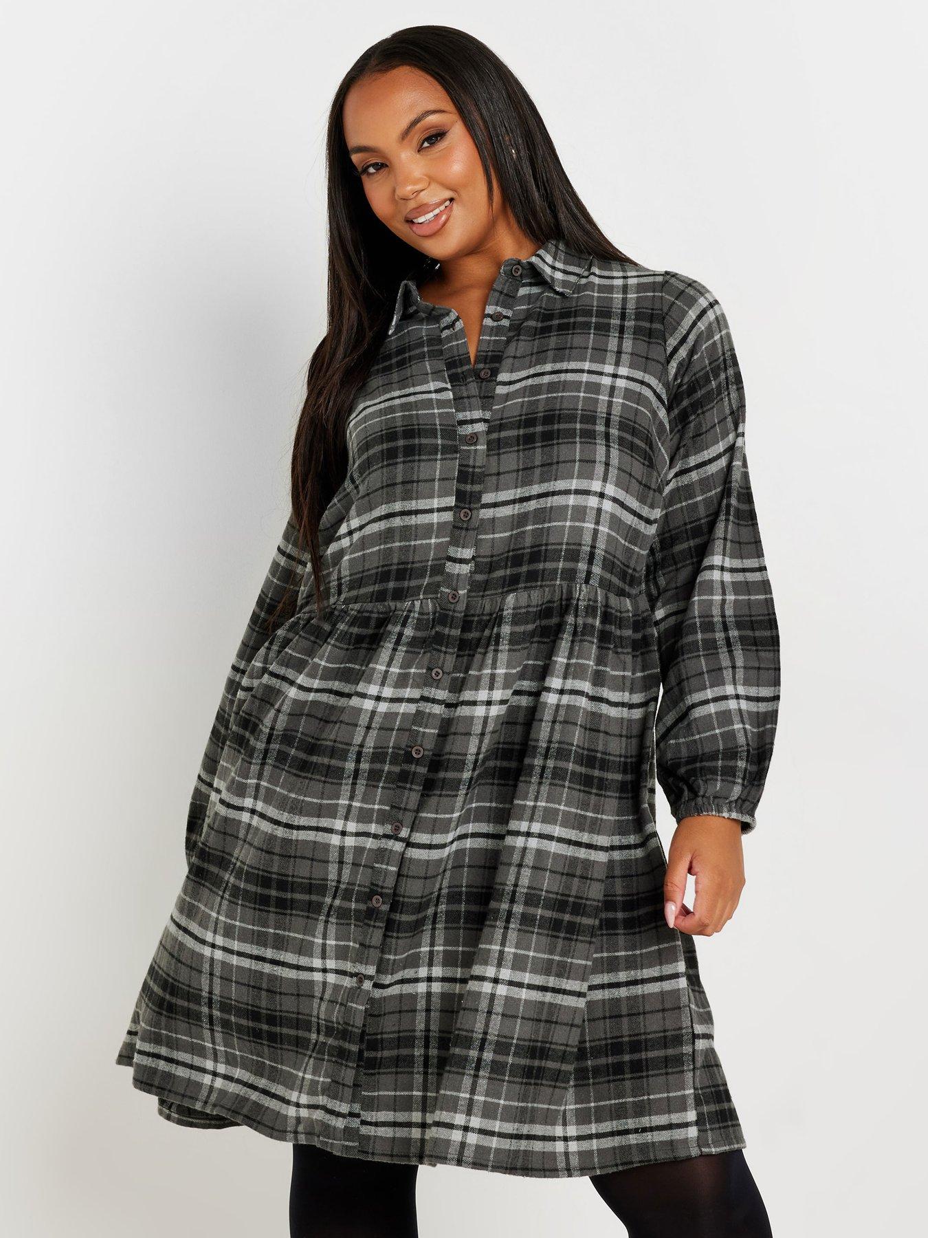 yours-curve-long-sleeve-mini-check-shirt-dress