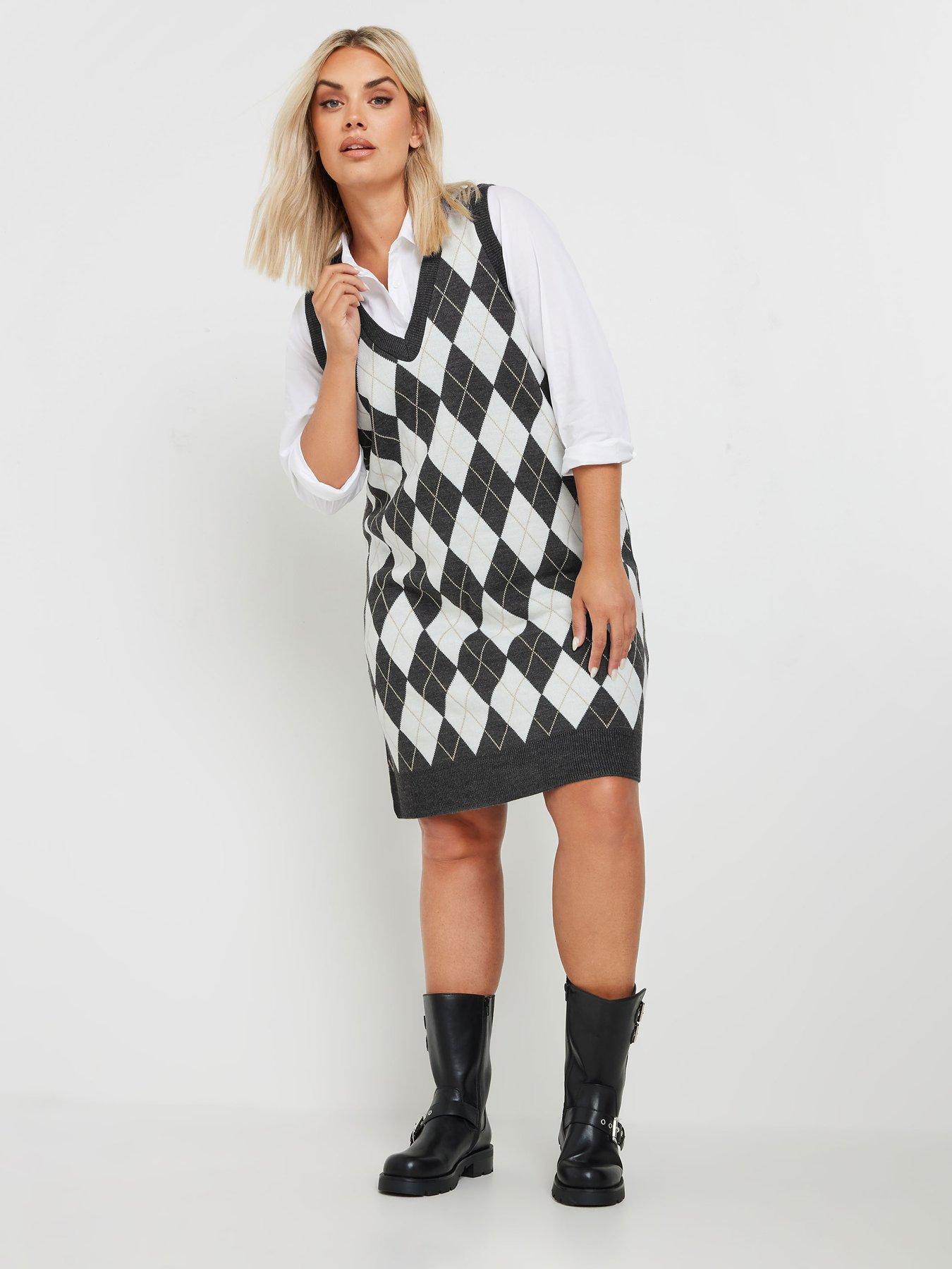 yours-curve-argyle-check-vest-dress-blackwhite