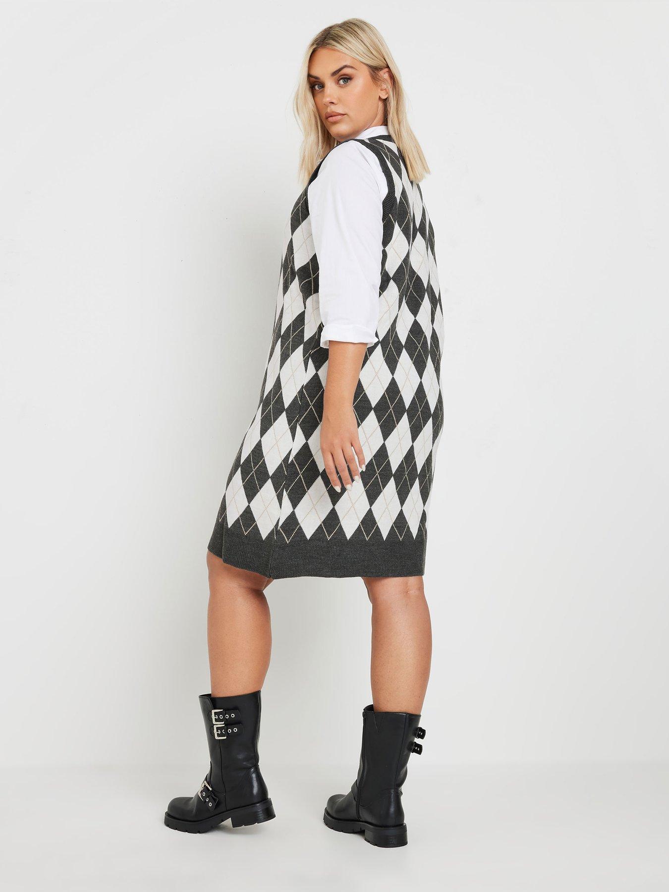 yours-curve-argyle-check-vest-dress-blackwhitestillFront