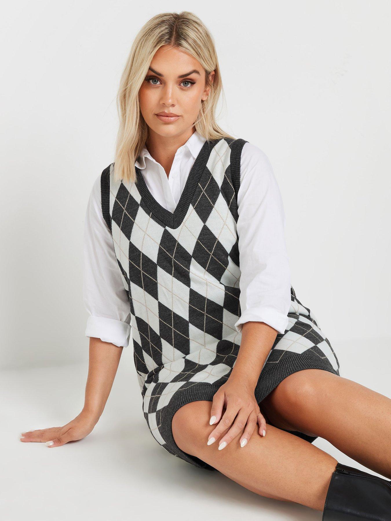 yours-curve-argyle-check-vest-dress-blackwhiteoutfit