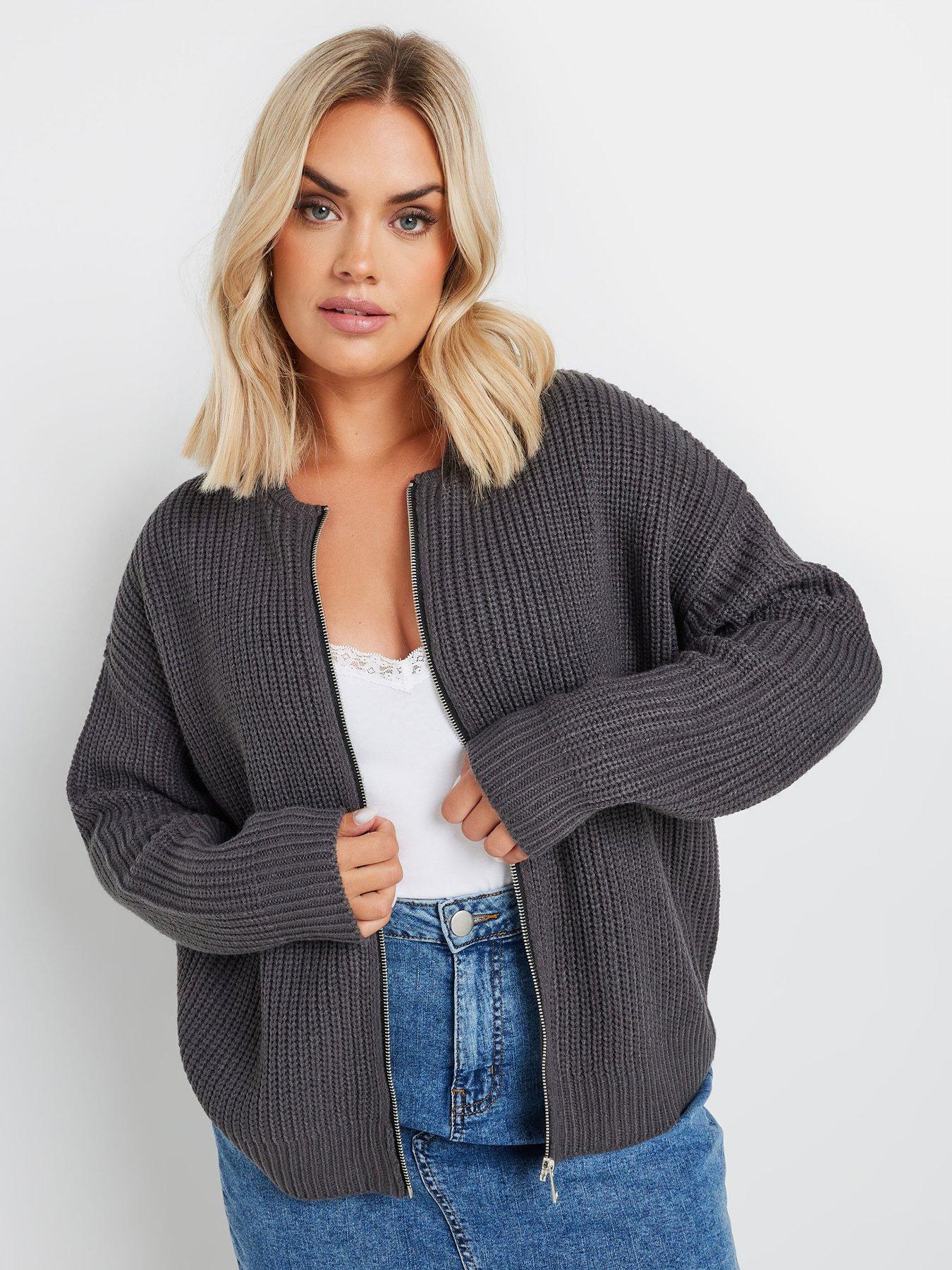 yours-curve-zip-thru-knitted-cardigan-bomber-greyfront