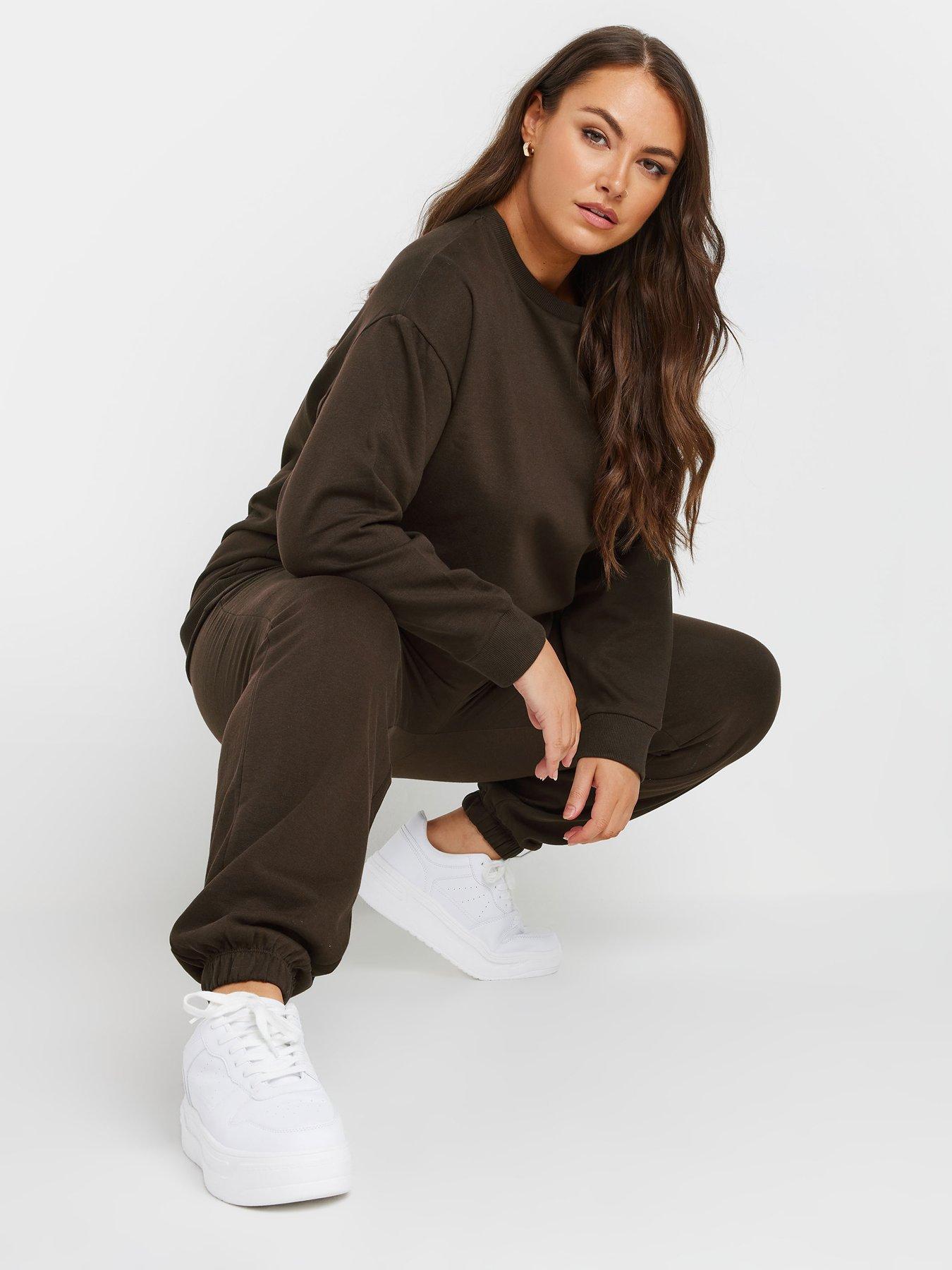 yours-curve-crew-neck-sweatshirt-with-cuffed-jogger-set-brown