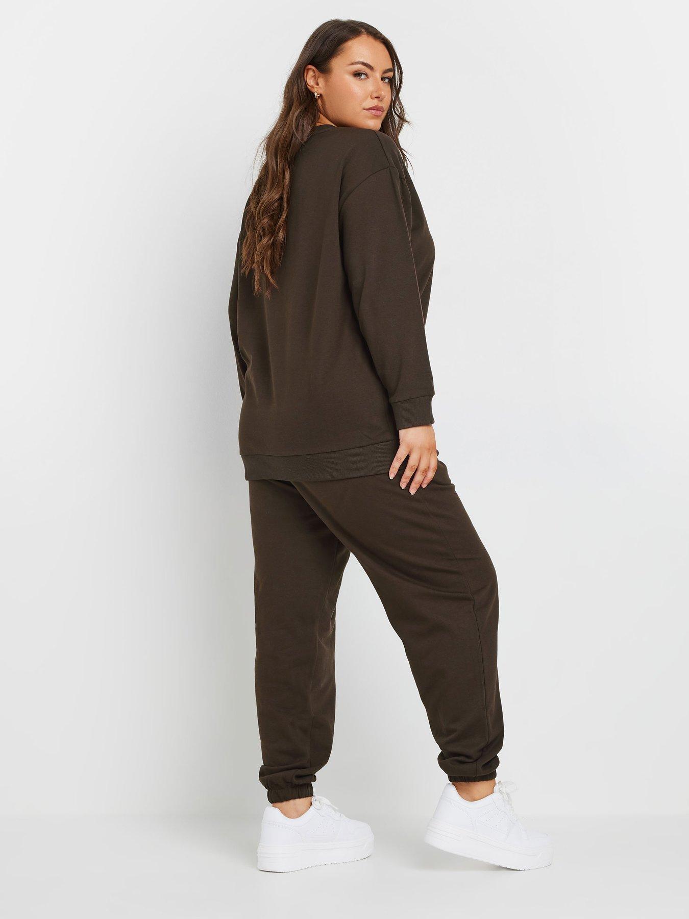 yours-curve-crew-neck-sweatshirt-with-cuffed-jogger-set-brownstillFront