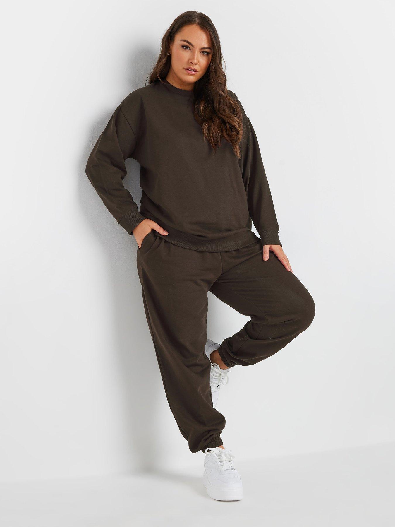 yours-curve-crew-neck-sweatshirt-with-cuffed-jogger-set-brownback