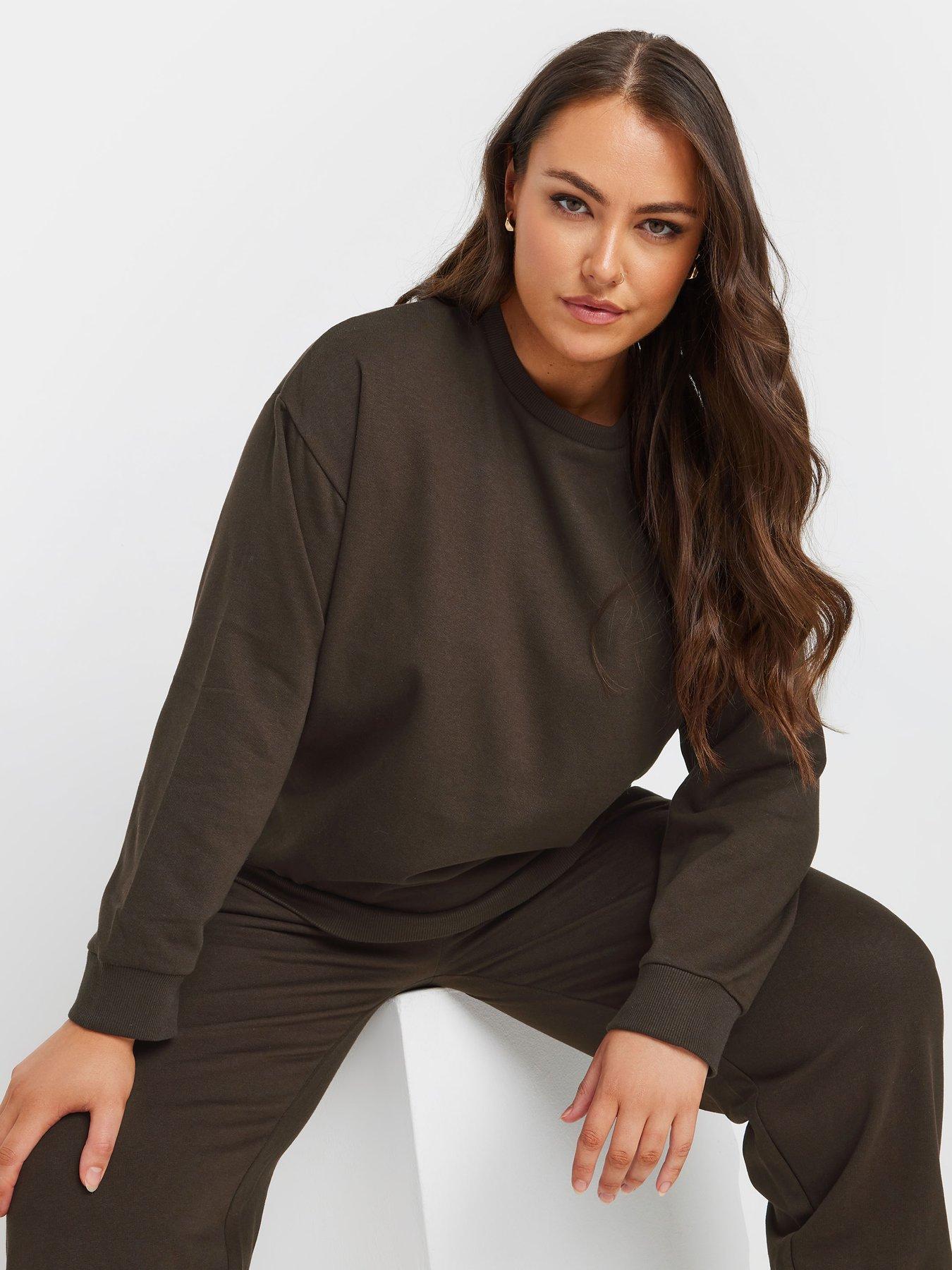 yours-curve-crew-neck-sweatshirt-with-cuffed-jogger-set-brownoutfit