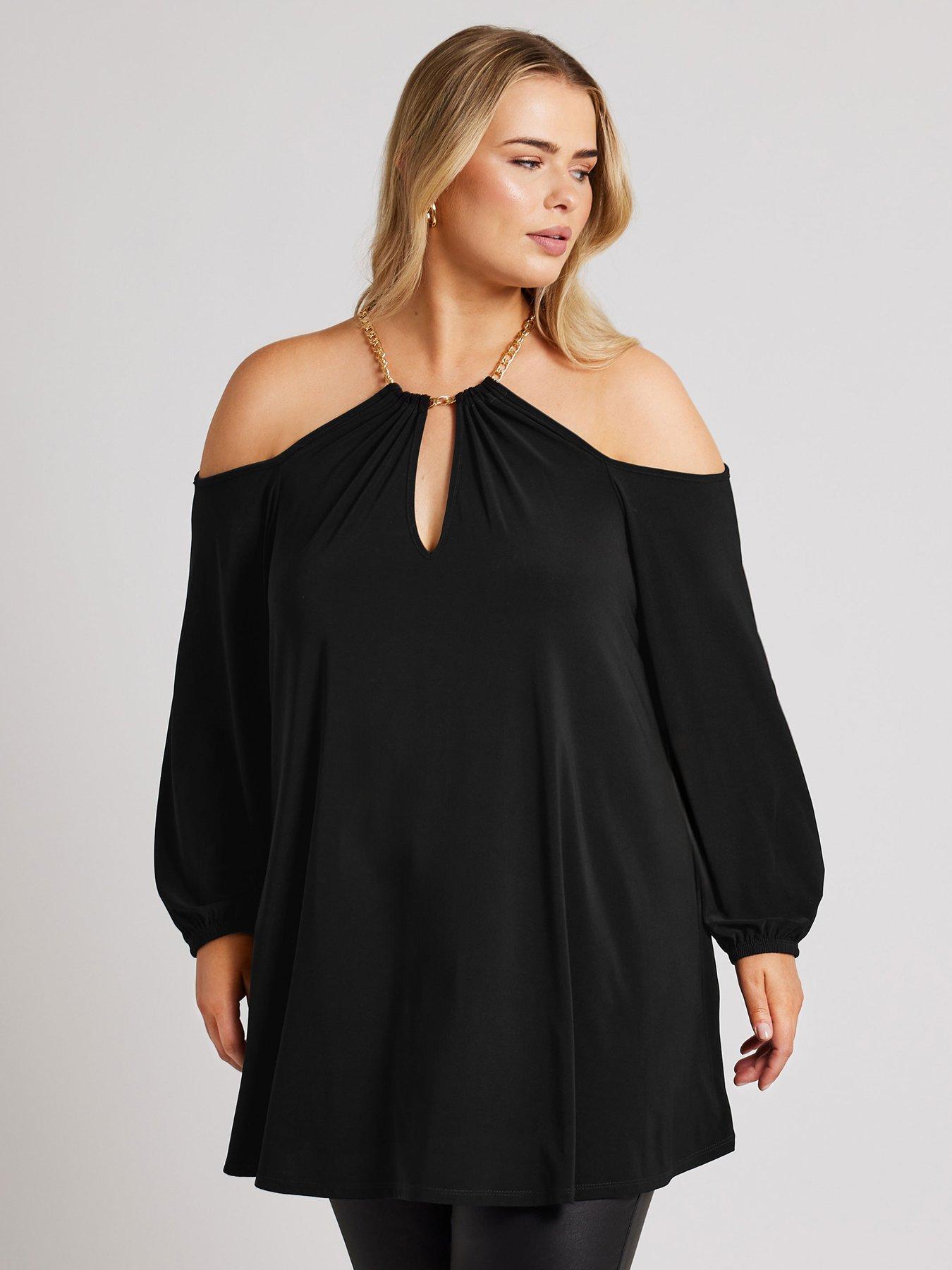 yours-curve-chain-halter-cold-shoulder-long-sleeve-top-black