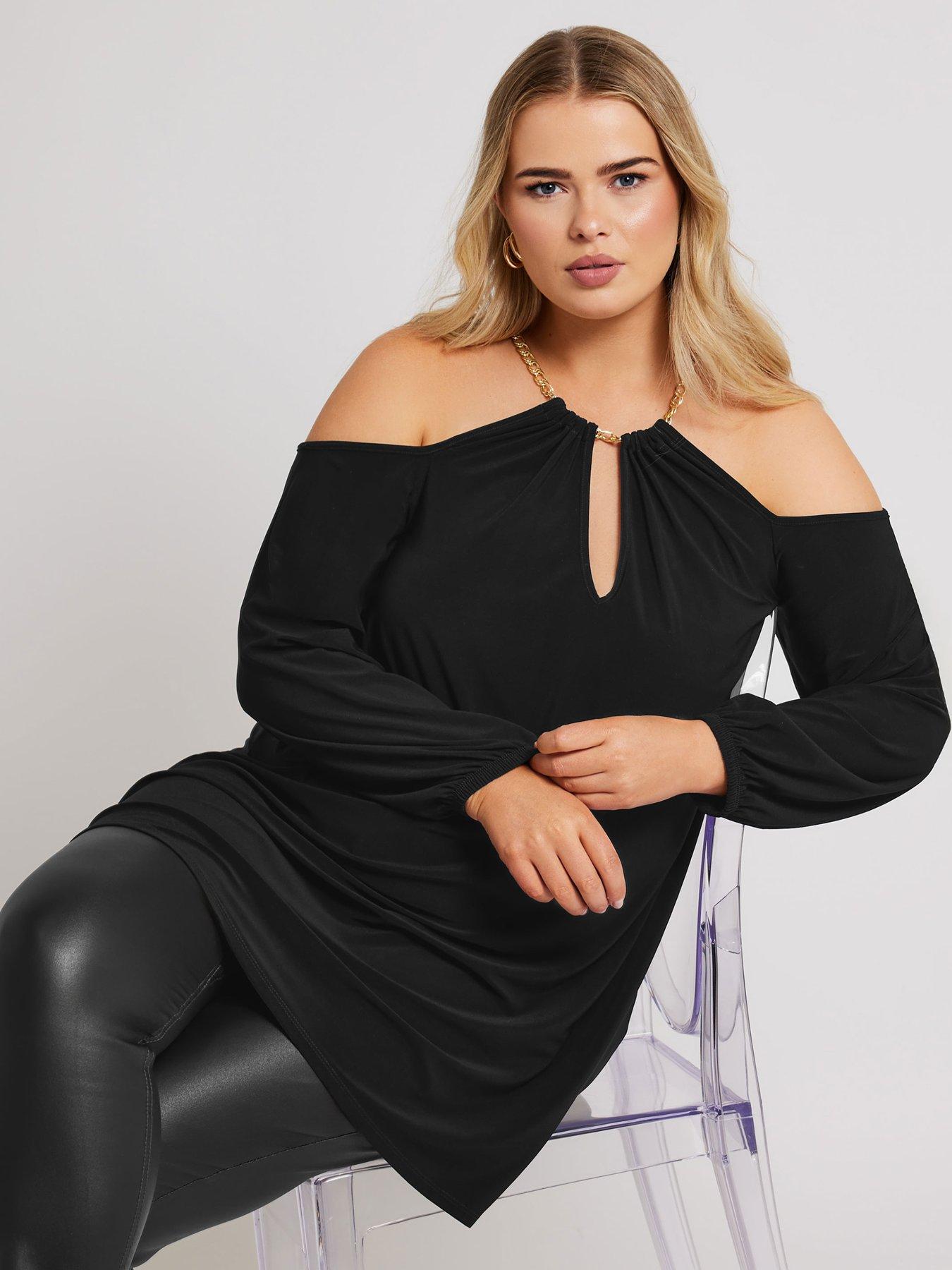 yours-curve-chain-halter-cold-shoulder-long-sleeve-top-blackoutfit