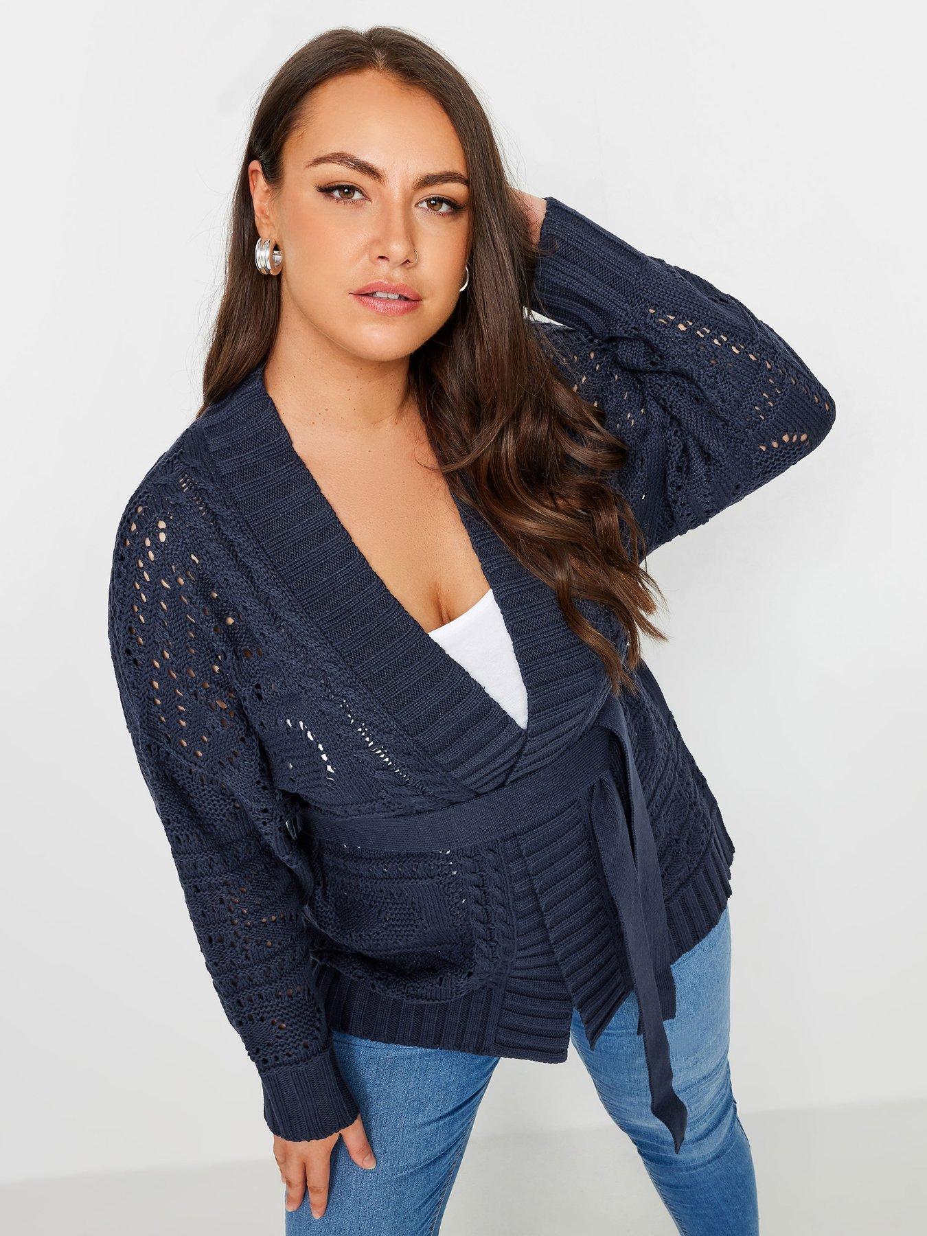 Image 1 of 4 of Yours Curve Pointelle Mix Belted Cardigan - Blue